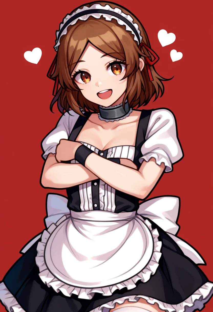 kawakami sadayo,A white border around a red rectangular background,the maid outfit,yellow sweater,Back view,sitted,big assa,D cup,High detail,ahegao face,Moles under eyes, Heart-shaped pupils,Love pupils,cropped shoulders,Lots of hearts,Fleshy thighs,highly rendered,detailed face with