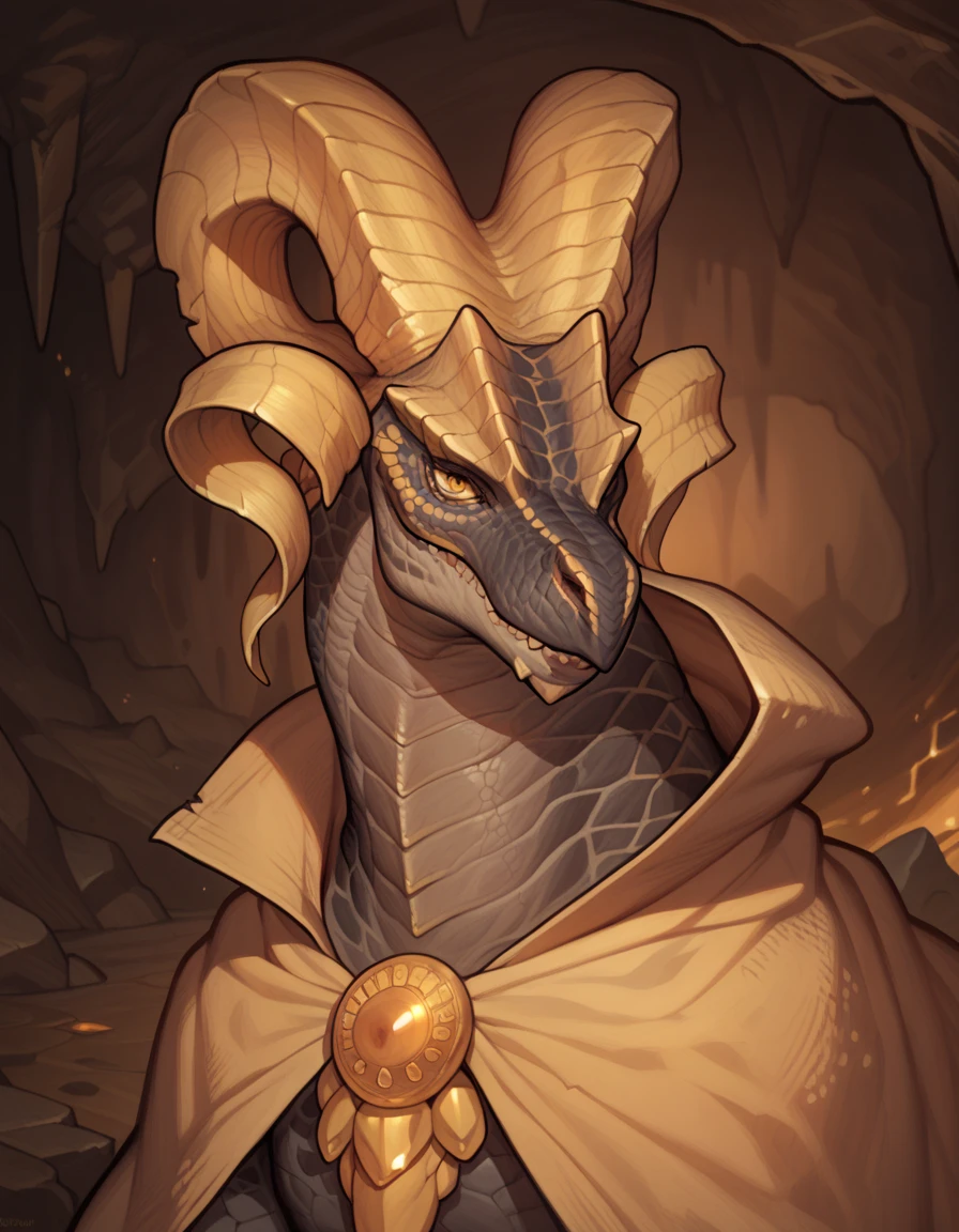 Art by nomax, best quality, masterpiece, ((solo)), expressive, dynamic, good anatomy, attractive, muscular male, detailed eyes, beautiful eyes, detailed scales, extreme detail, anthro male cobra, tribal clothes, nomadic, fangs, white scales, red eyes, naga