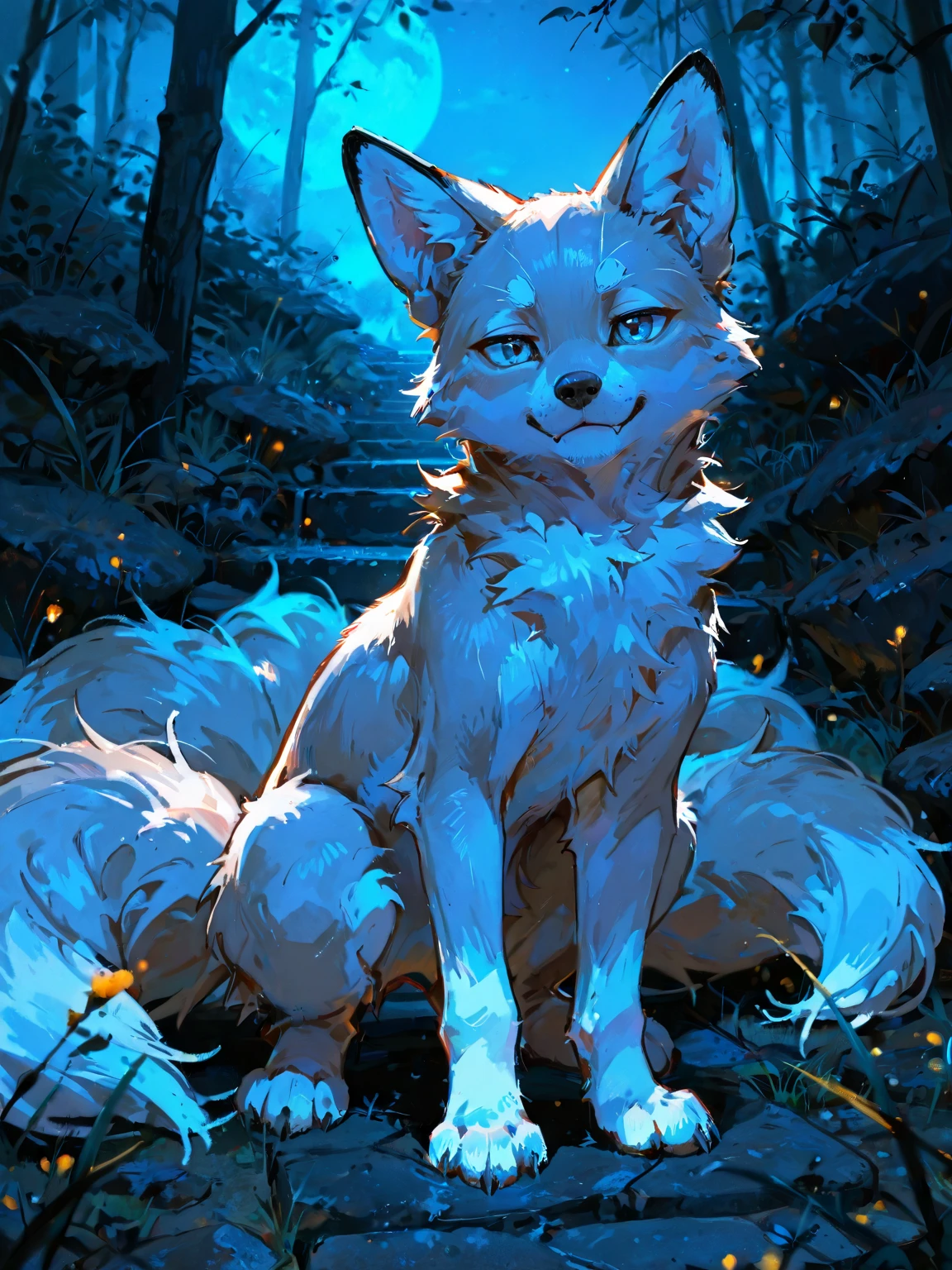 top-quality,Best quality,vectorial art,High-quality illustrations,tmasterpiece)(Common,furry anthro),at a forest,natta,(Girl white humanoid fox:1.2), Frustrated,wounded,searching,hyper detailed illustration,the only person,peaceful night,The tree,,The limbs are intact