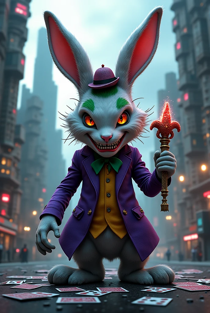 (voodoo doll knitted toy:1.0), (voodoo rabbit:1.3), (voodoo joker:1.1), (Clothing: purple suit with green vest, bow tie:1.0), (Accessories: playing cards, small dagger:1.1), (background: dark and twisted carnival with flickering lights and creepy atmosphere:1.2), best quality, masterpiece, detailed soft oil painting, detailed background, dramatic cinematic lighting, soft edge lighting, professional, dramatic lighting, hard edge lighting, ultra quality, 4k, masterpiece, best quality, 8k, ultra high definition, high resolution, extremely detailed
