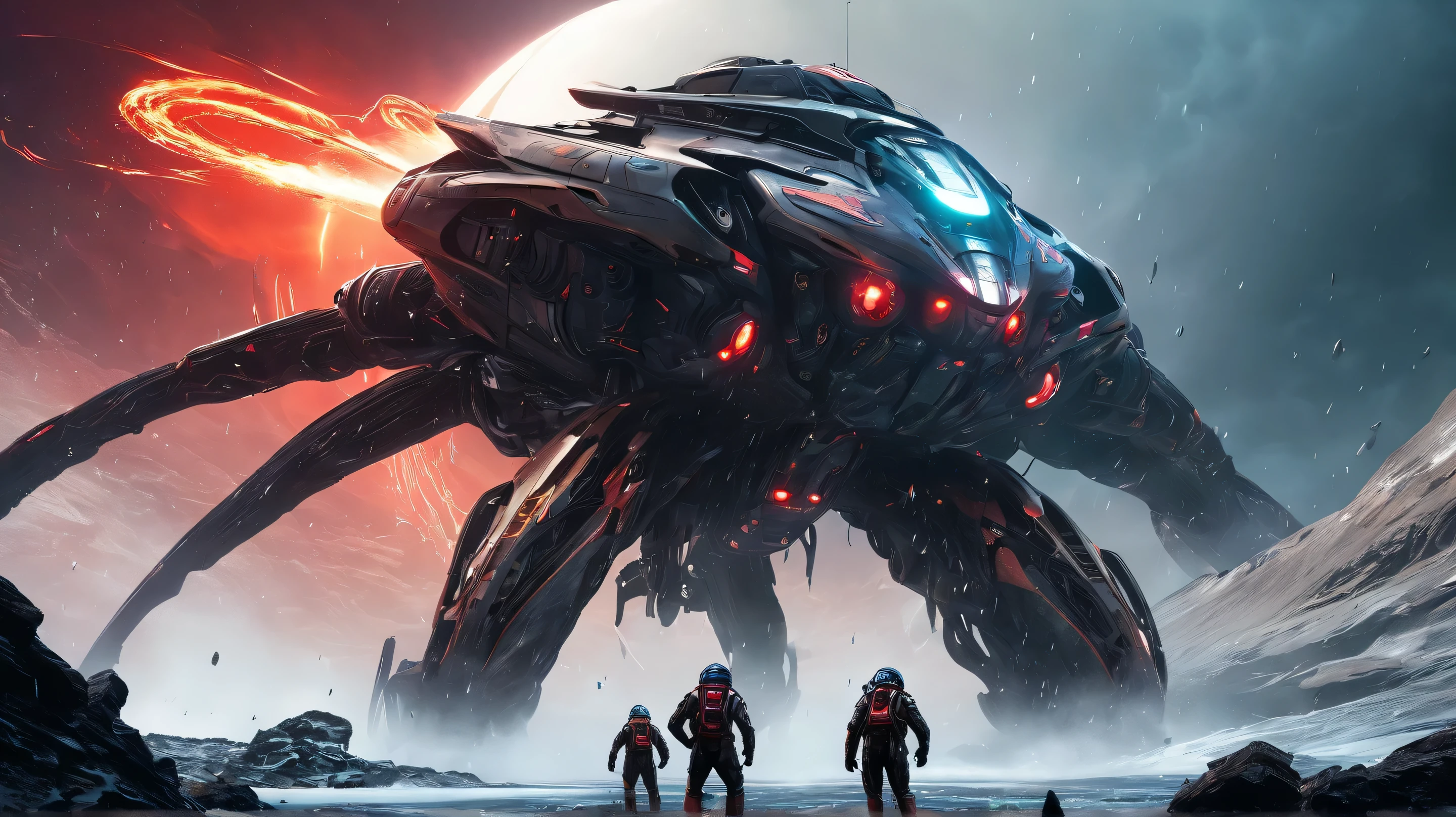 A colossal alien creature, Hydra Prime, erupts from a cracked Martian ice cap under a gray sky, its liquid-metal body shimmering, tendrils writhing, red glowing eyes piercing the haze. A sleek jet skiff, Skybreaker, hovers nearby, three armored figures—Kael in an ExoSuit, Mira, and Jaxon—stand ready, red dust swirling in a cyberpunk sci-fi style, dramatic lighting, high detail


