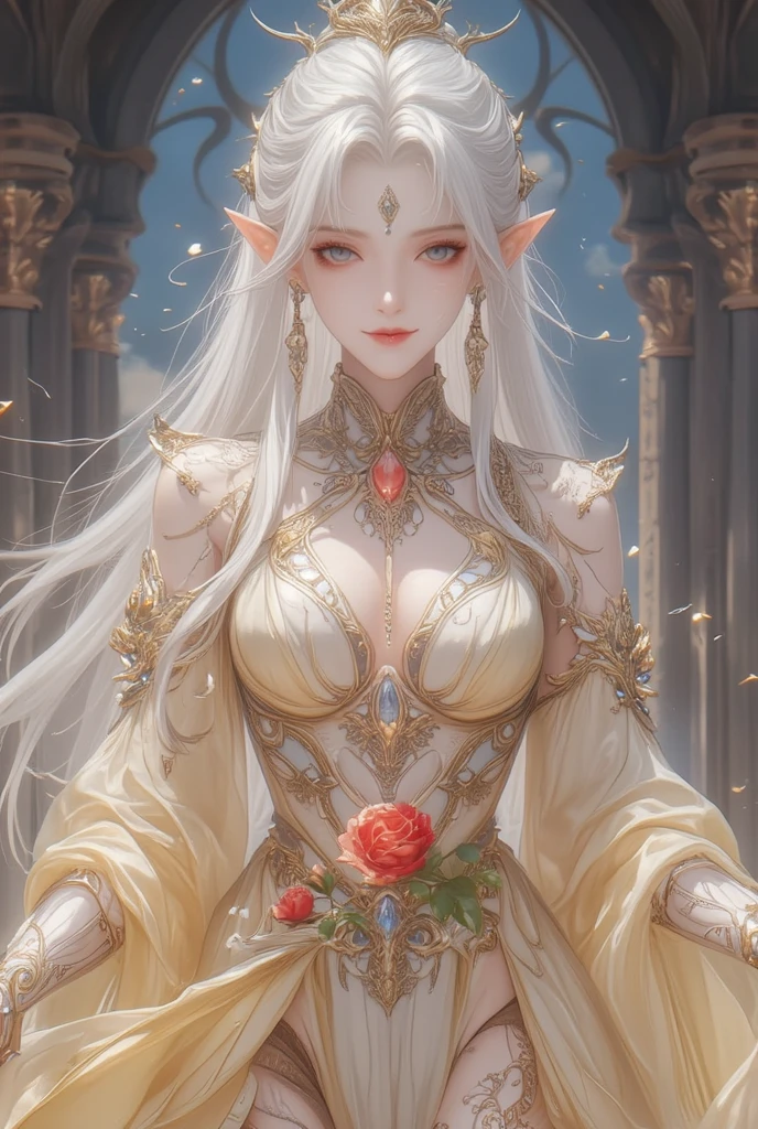 1 girl, Beautiful elf lady, begie blonde Long straight hair, upturn elf pointy ears, sexy figure, perfect breast, charming cleavage, very beautiful face, detailed face, delicate eyes, detailed pupil, beautiful and delicate lips, pale skin, Serious, arrogant, absurd, White gorgeous detailed dress, royalties, celebration, elegant, Noble, Bare shoulders, small crystal earrings, hand drawn animation, high detailed, palace banquet hall, symmetrical clothes, best quality, masterpiece, Fair, Octane Render