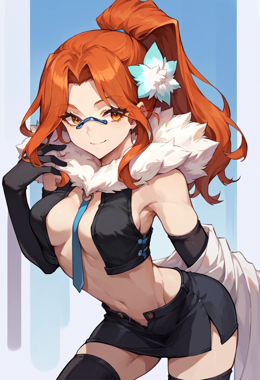 Masterpiece, sksmaki,sexy, sexy pose,facial details, detailed body part details, (sexy stomach), detailed belly, midriff, big breasts,8k wallpaper, looking at viewer, nishikino maki, fur shorts ,(fur crop top), fur gloves, bunny ears, purple glowing eyes, cowboy shot
