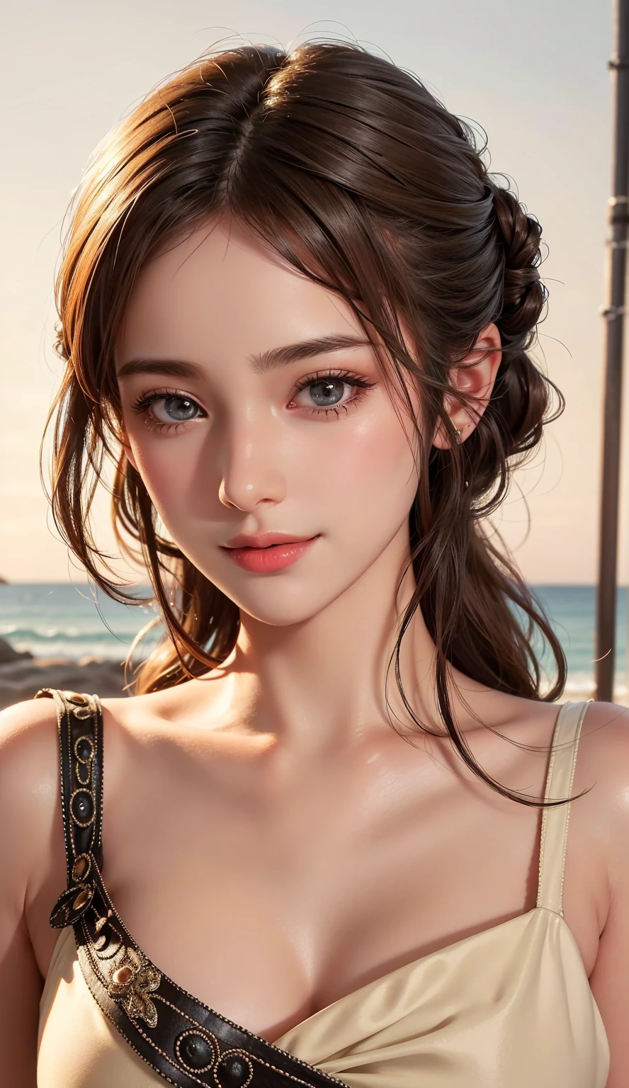 (hight resolution), (8K), (ighly detailed), (The best illustrations), (beatiful detailed eyes), (top-quality), (Ultra-detail), (masterpiece), (wall-paper), (Detailed face), ((top-quality、8K、masterpiece:1.3))、a beauty girl、1 female、Big Tits:1.3、Slender body type:1.1、Toned abs、Happy smiling face、dark brown hair、a pixie cut、(swimming pools、a wet body、Wearing erotic:1.1)、hyperdetailed face、Detailed lips、A detailed eye、double eyelid