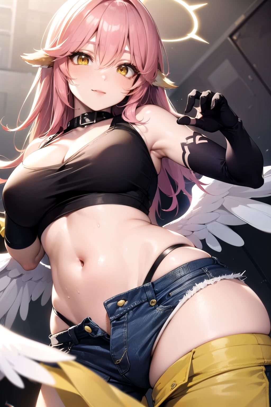 jibril, BREAK jibril, angel, angel wings, collar, animal ears, bird ears, compass rose halo, belly button, feathered wings, feathers, gradient hair, halo, long hair, low wings, multicolored hair, pink hair, symbol-shaped pupils, breast tattoos, shoulder tattoo, big breast, white wings, wing ears, wings, (yellow eyes:1.5), seductive look, seductive smile, Shiny skin. Big breast. Sexy, hot, attractive, alluring.
BREAK (elbow gloves:1.3), zoomed in, cropped face, Fully clothed. Midriff, sleeveless, tank top, crop top, denim pants, jeans, (her pants are slightly down:1.2), (cleavage:1.3). (Sweaty:1.1).
BREAK (masterpiece:1.2), best quality, high resolution, unity 8k wallpaper, (illustration:0.8), (beautiful detailed eyes:1.6), extremely detailed face, perfect lighting, extremely detailed CG, (perfect hands, perfect anatomy), narrow eyes.