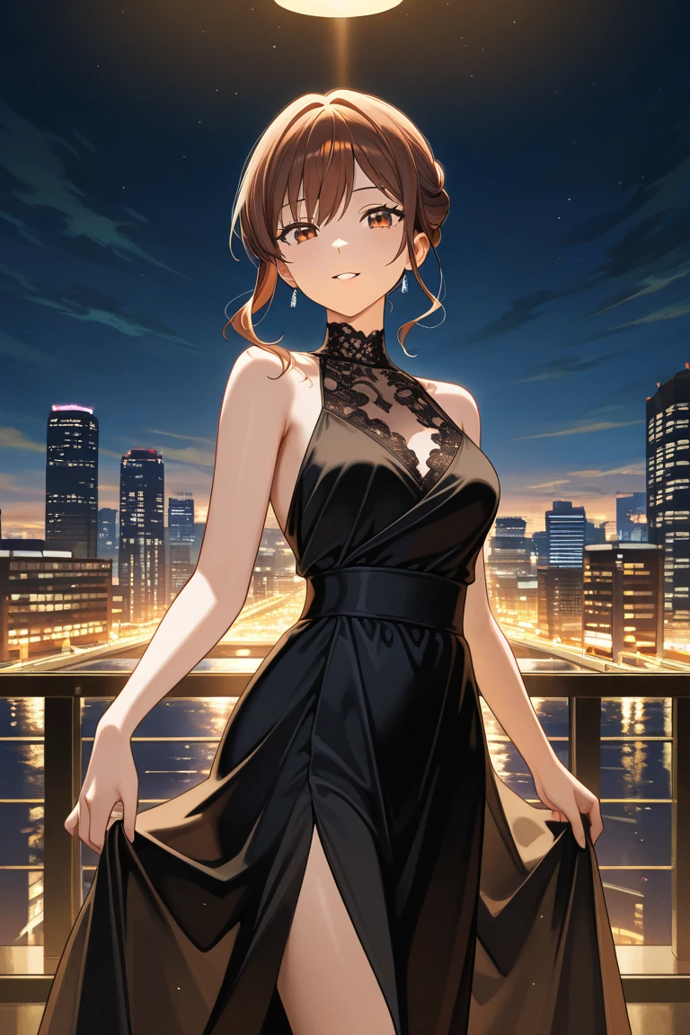 ​masterpiece, 4K, top-quality, Misaka Mikoto, Luxurious black dress　a miniskirt　A sexy　nightcity　　Beautiful back　beauty legs