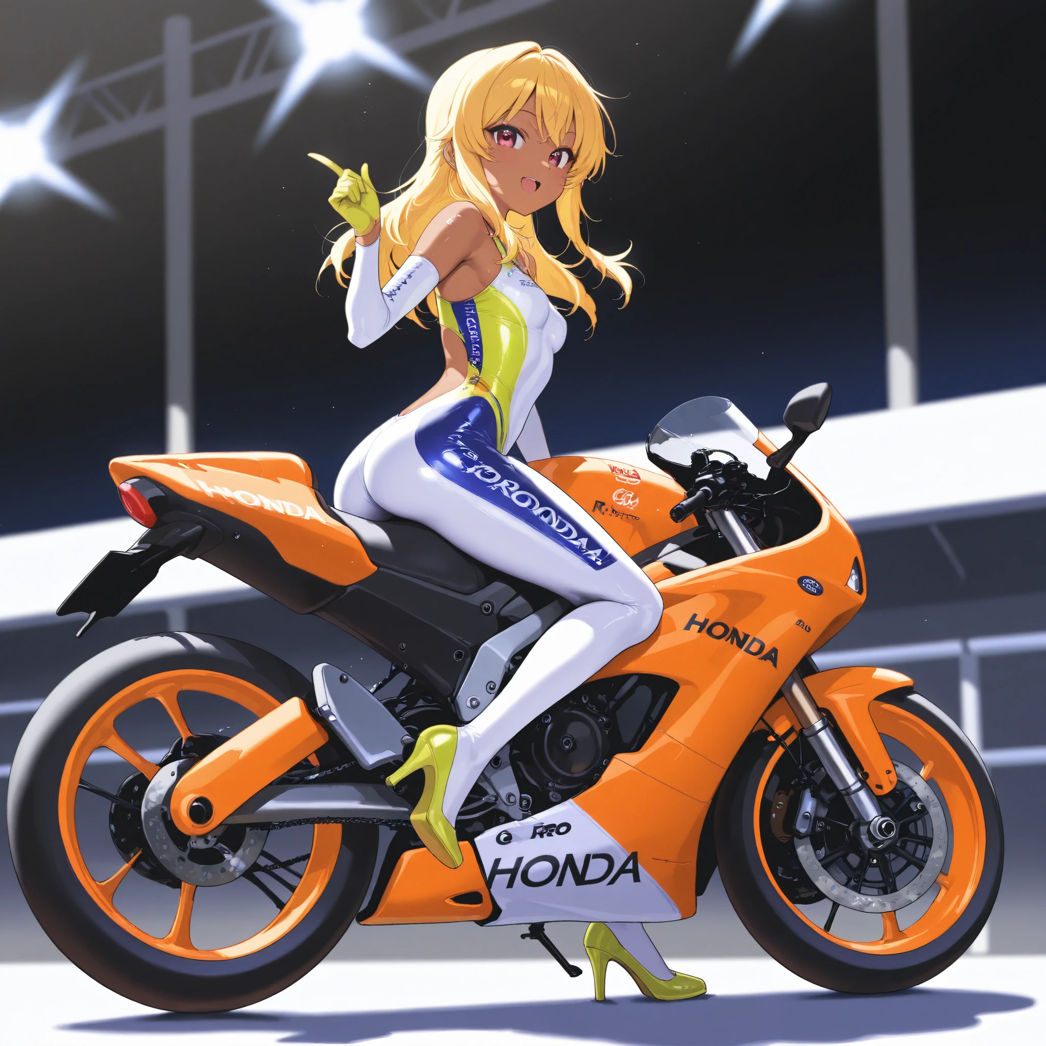 A high school girl is riding a Honda repsol MotoGP , brown skin , small breasts, video, yellow hair , Invitation , top quality, textured skin, high heels、 MOVIE LIGHT EFFECT,