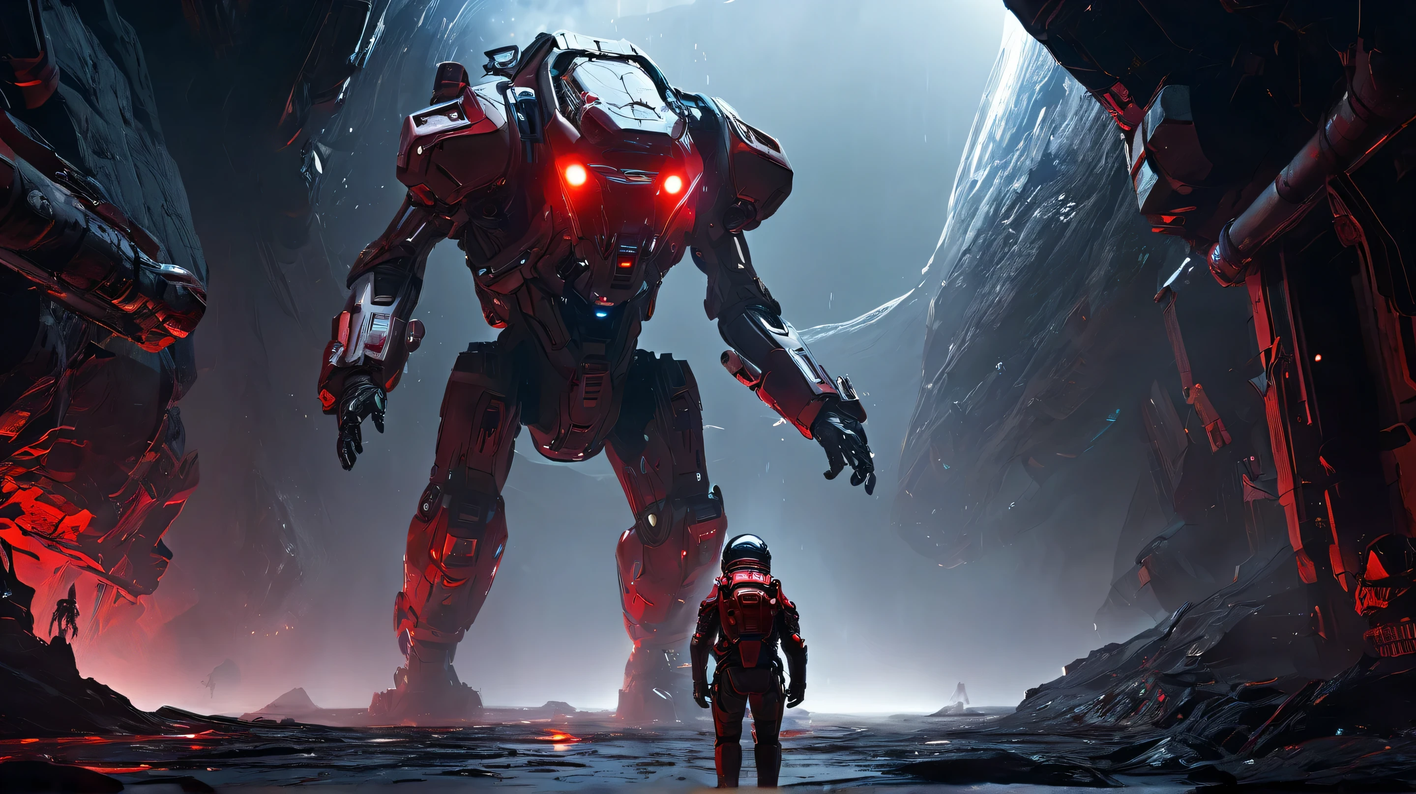 A smoldering Martian ruin under a gray sky, cracked ice and ash scattered. Kael in his ExoSuit descends a crevice, flashlight beam on Jaxon—half-human, half-Xenoform, red eye glowing, liquid-metal arm twitching. Skybreaker hovers above, Mira’s worried face in the cockpit, Echo Shard pulsing red, cyberpunk sci-fi style, moody lighting, stark contrasts