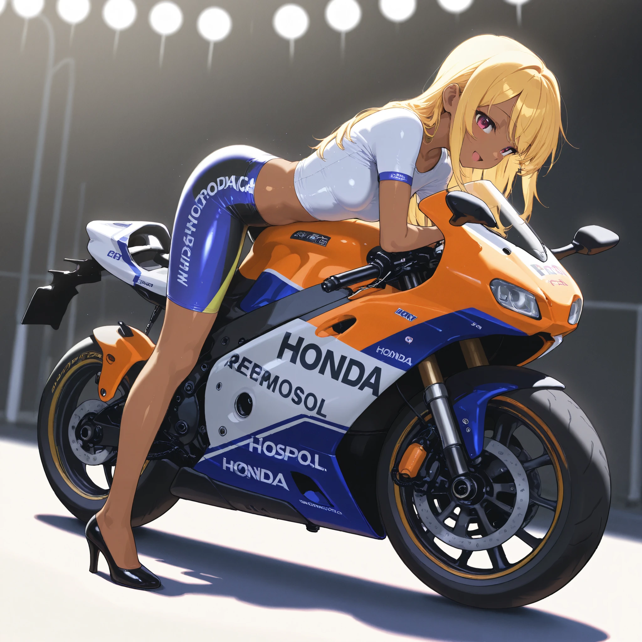 A high school girl is riding a Honda repsol MotoGP , brown skin , small breasts, video, yellow hair , Invitation , Top Quality, textured skin, high heels、 MOVIE LIGHT EFFECT,