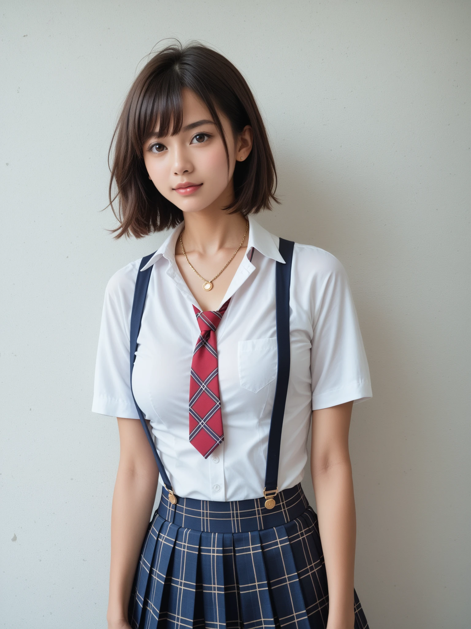 (8k、Raw photography、highest quality、masterpiece:1.2),(black haired、very short hair:1.8),(twin mitsu braid:1.4)、show viewer,Looking at the front,erotic,白いskin,(I am wearing a beige and red school uniform.。.。.:1.7)、(Clothing that emphasizes the shape of your chest、publish one'skin:1.5)、(big breasts :1.2)、slim body shape、ultra high resolution,beautiful,beautiful fece,(alone、no background:1.9),whole bodyボディー,japanese woman,(Photoreal:1.37)、photon mapping,reality、(Baby-faced and cute: 1.0)、(cute smile: 1.7)、(With a round face: 1.7)、radio city、Physically based rendering、depth of field rally background、photograph, (I can see your knees,plaid short skirt、close up of thighs、show white panties:1.5),whole body、super fine