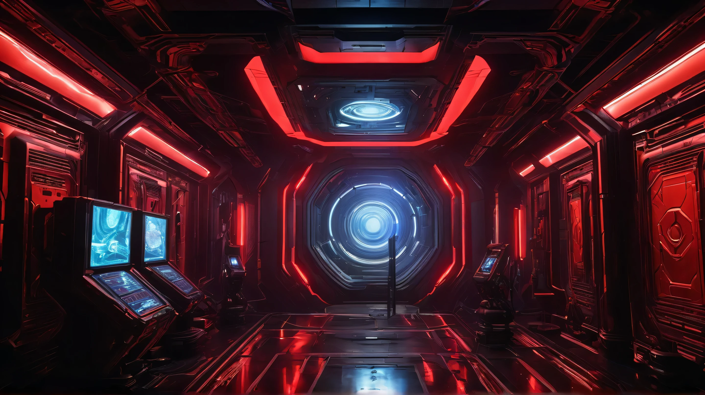 A hidden vault beneath New Eden HQ, a massive hologram of Erebus Prime—a towering bio-machine deep under Mars—glows red. Elena Voss explains sternly, Kael grips Widowmaker, Mira analyzes data on a holo-screen, shadowy tech walls, cyberpunk sci-fi style, ominous red lighting, intricate machinery details
