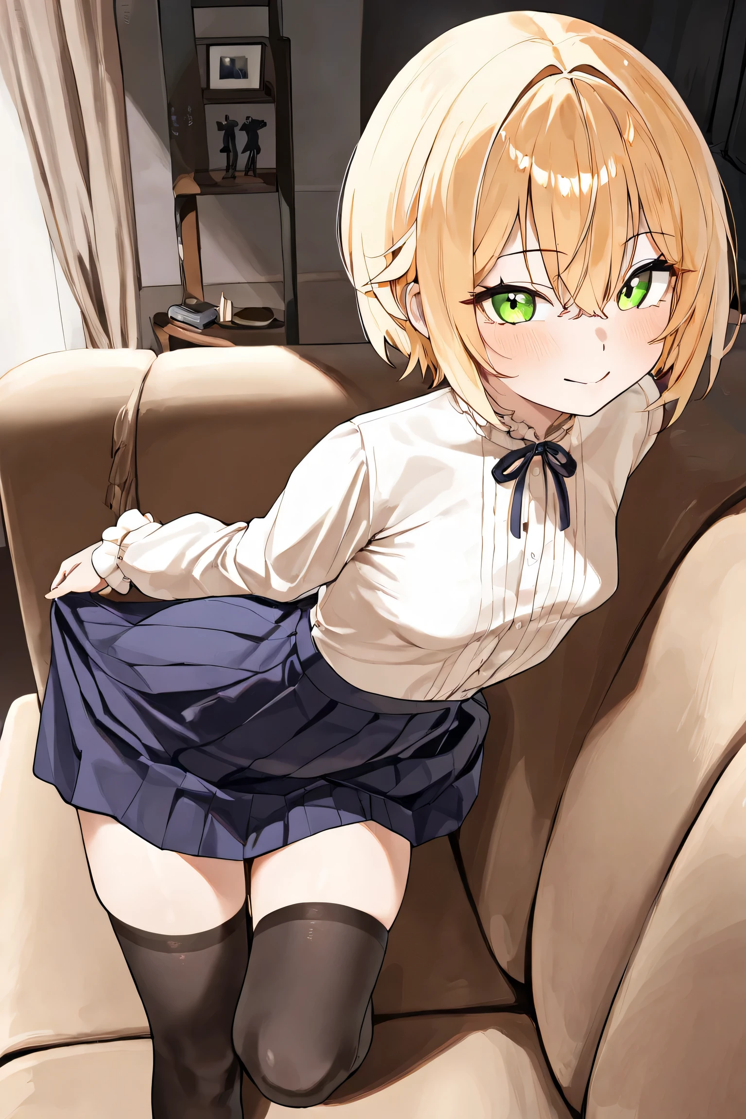 A slender girl with a lithe body lying on the couch. Her hair is short cut and blonde, complementing her emerald eyes. Standing at 165 cm, she's neither petite nor statuesque, but somewhere in between, and her figure shows off subtle curves that betray her youthfulness, with her small breasts being perhaps her most notable feature. She wears a blue navy skirt, black thigh highs and a white blouse. She is lying on the couch on her back.