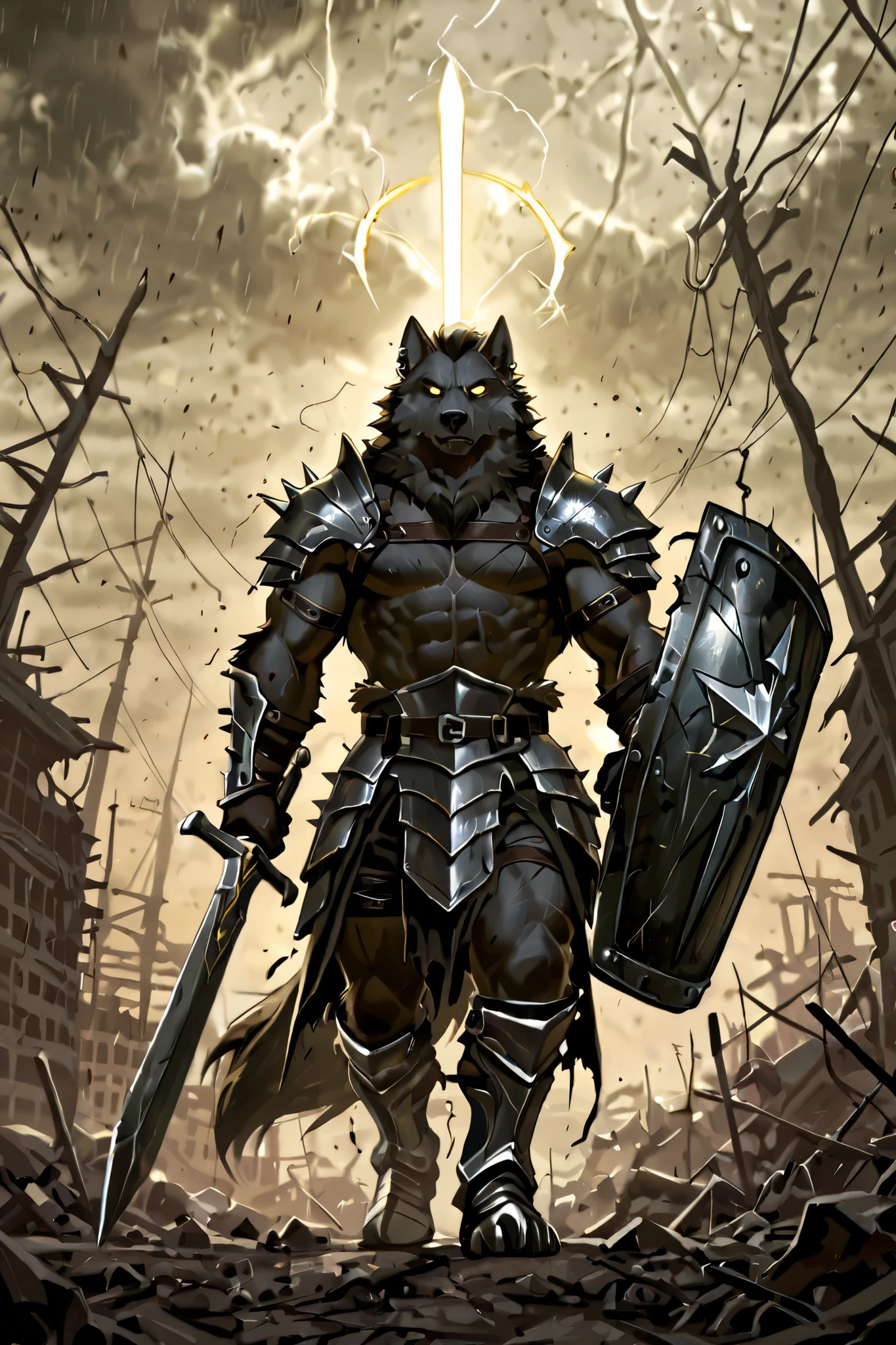 a wolf that looks like a human warrior man, with a shield, very muscular, black color looking like a tank from mmorpg games
