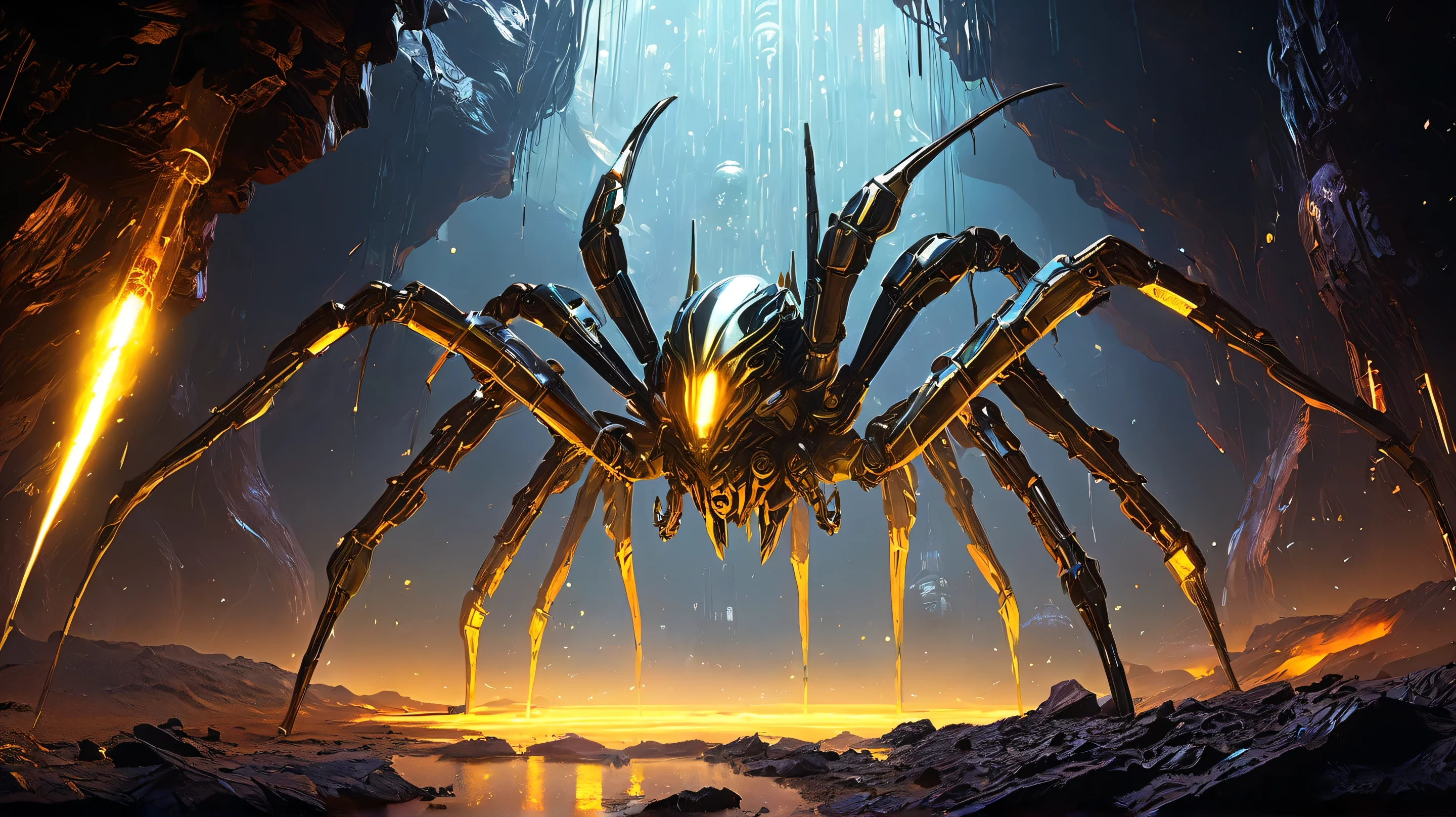 A vast Martian cavern, Titan Scourge-a 30- meter spider-like Xenoform with liquid-metal legs and plasma-saws-roars, yellow eyes glowing. Kael teleports, Gauntlet striking, Nyx fires Void Rifle, Rex and Vara plant bombs, Nova Shard explodes in a white blast, cyberpunk sci-fi aesthetic, chaotic action, fiery destruction