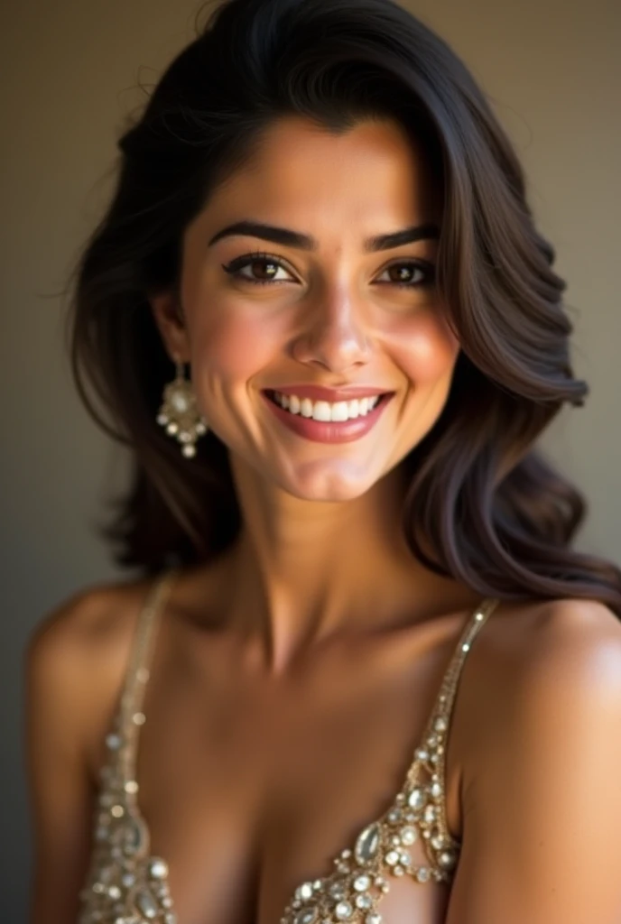 There is a young, Beautiful indian woman, who looks to the future like Katrina Kaif, Smiles into the camera, beautiful teeth, She looks into the camera, a portrait from raw photo, body, conservative modern europen color dress, ((hair Undercut),