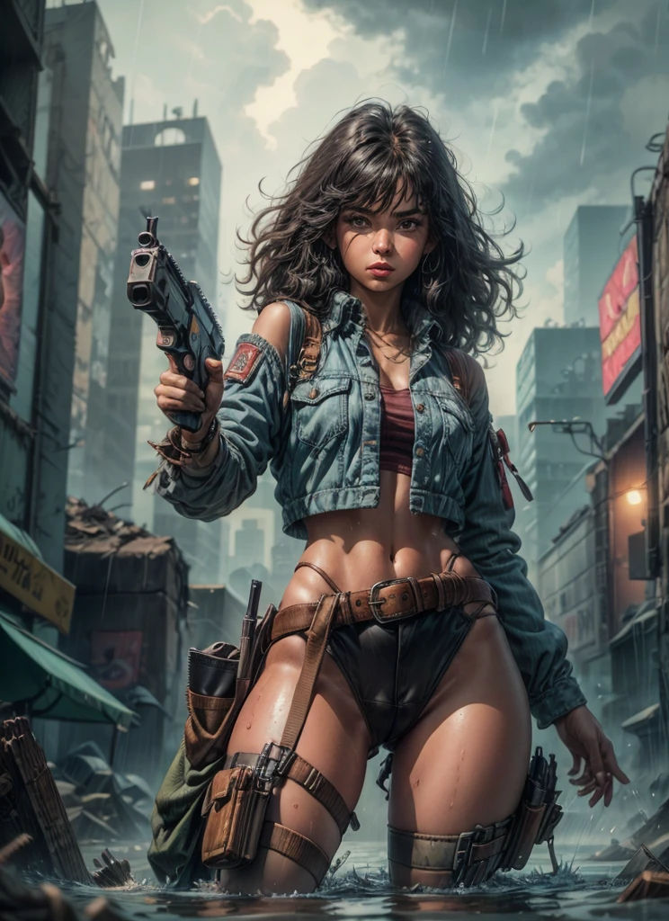 motor irreal:1.4,CG ultra realista 64K, fotorrealista:1.4, textura de la piel:1.4, obra maestra:1.4,posing behind Beautiful sexzy busy afro woman aiming shotgun with babydoll lingerie、Ropa corta estilo cyberpunk color amarillo, pantimedias red , Mini falda azul,oily effect