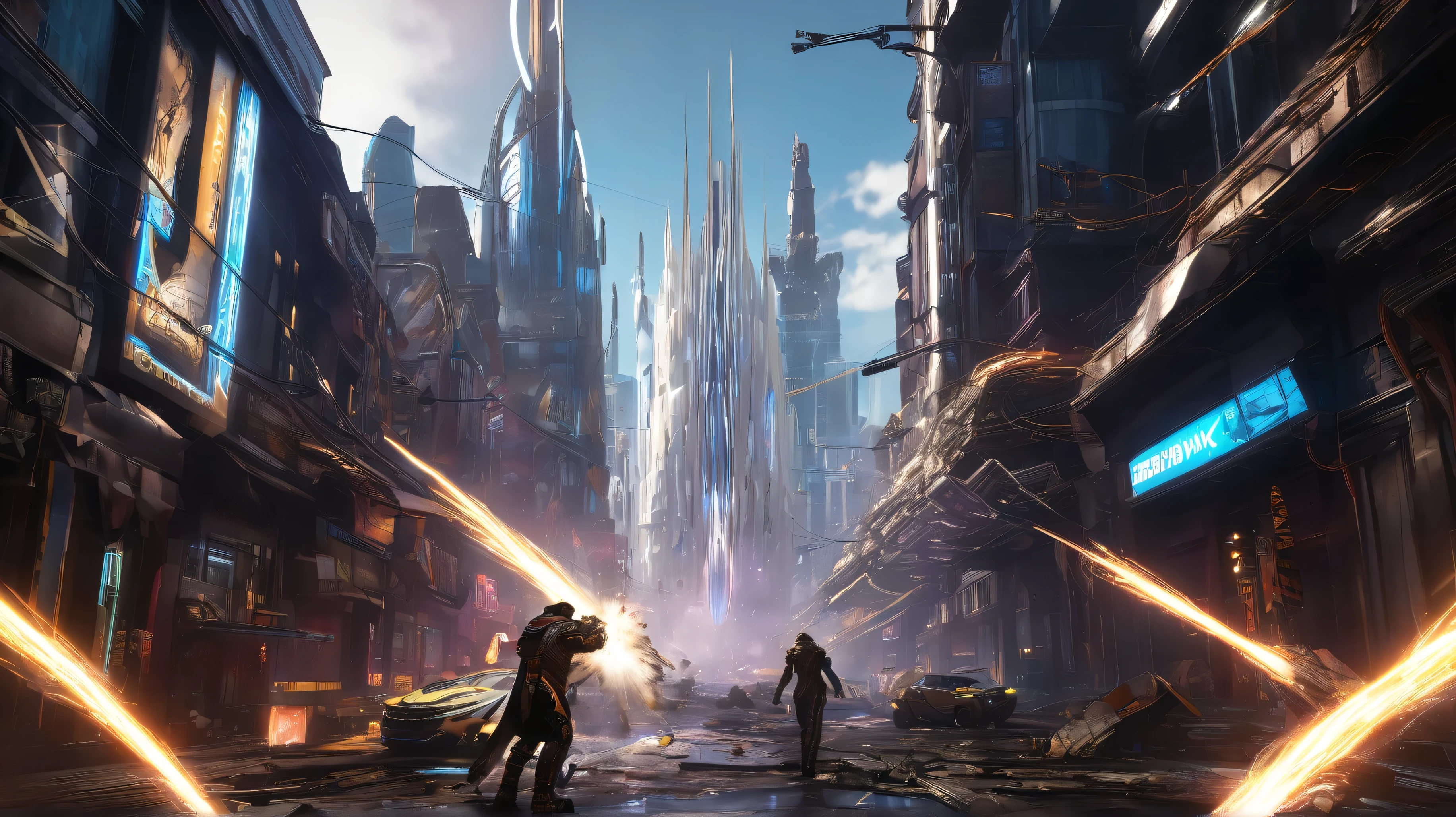 Jaxon charges a glowing sub-core in Erebus Prime's city, nano-arm slashing Xenoforms, desperation in his eyes. Kael throws the Nova Shard, a white explosion engulfs Jaxon and the spire, Kael clutches Widowmaker in aftermath, cyberpunk sci-fi style, tragic intensity, glowing debris, somber tones
