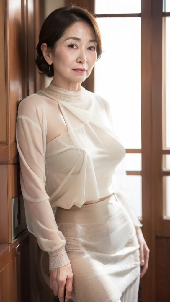 NSFW, ((Best quality, 8k, Masterpiece: 1.3)), (Reality: 1.4), Ultra high resolution, Photorealism, (Urban street corner), (One Japanese woman), ((Walking)), (( Head, chest, upper body, lower body)), ((looking forward)), Age 43 years old, (gentle personality), ((looking straight ahead)), ((calm expression)), (wrinkles at the corners of the eyes), Black hair , Straight long, (white blouse: 1.5), ((White leggings)), ((tight silhouette)), (high heels), (cleavage), (Slim body: 1.4), small breasts, (erect nipples: 1.2), (cameltoe: 1.6), Wrinkles on face: 0.7,