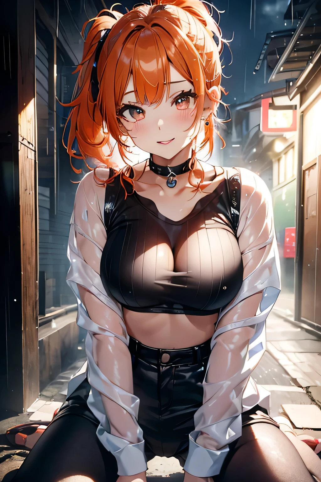 maid girl,(((1girl))),((maid girl with extremely cute and beautiful orange hair)),
(large breasts:1.4),bountiful breasts,fluffy breasts,H cup bust,bust up,bulging bust top,(((orange twintails hair:1.35,colored inner hair,twintails,ear breathing))),(((neon_orange_eyes:1.3))),intricate eyes,beautiful detailed eyes,symmetrical eyes,((fat)),(((lustrous skin:1.5,bright skin: 1.5,skin tanned,shiny skin,very shiny skin,shiny body,plastic glitter skin,exaggerated shiny skin,illuminated skin,wet legs))),(spider lower abdomen,narrow waist,wide hip,athletic body,inflated legs,detailed body,(detailed face)),
cute,slutty,seductive,erotic,(((nsfw))),
zettai ryouiki,(maid headdress),maid uniform,Headdress,(maid),sleeveless,mini skirt,boots,cleavage cutout,bare legs,clothes with a lot of lace frills,((wet clothes,intricate outfit,intricate clothes)),
(dynamic pose:1.0),solo focus,happy,((open mouth)),(centered,scale to fit dimensions,Rule of thirds),
cyberpunk city by the ocean at night, with bright neon signs and dark stormy clouds and puddles, scenery:1.25,
artistic photography,(photography taken by sldr),highres, sharp focus, (ultra detailed, extremely detailed), (photorealistic artwork:1.37),(extremely detailed CG unity 8k wallpaper),((synthwave background theme)),(((vibrant colors))),(intricate background),(masterpiece),(best quality),