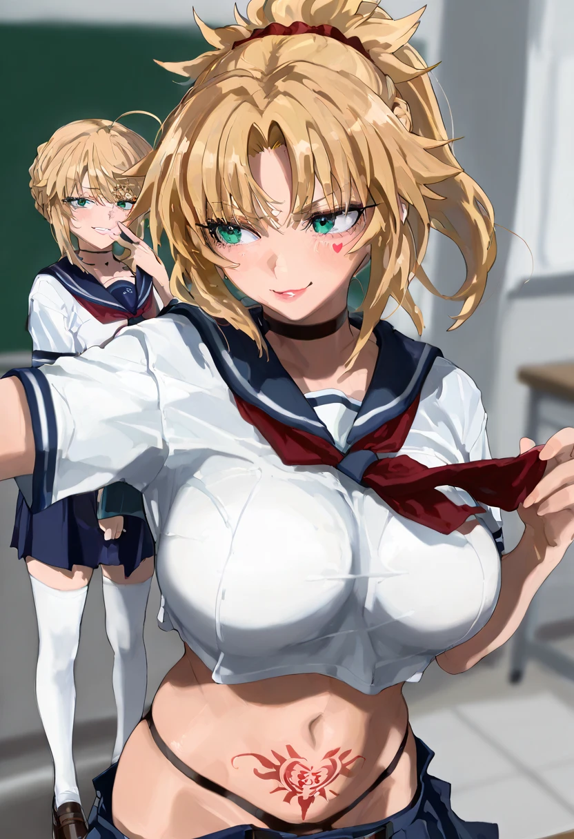 score_9, score_8_up, score_7_up, score_6_up, uncensored, angelica, blonde hair, braid, hair bun, red eyes, BREAK (masterpiece:1.2), best quality, high resolution,(detailed eyes:1.3), perfect lighting,(perfect hands, perfect anatomy), large breasts, 1girl, breasts, black_gloves, gloves, navel, rating:questionable, looking_at_viewer, solo, skirt, pasties, standing, school_uniform, serafuku, thighhighs, shirt, revealing_clothes, short_sleeves, pleated_skirt, skirt lift, fundoshi, excessive pubic hair