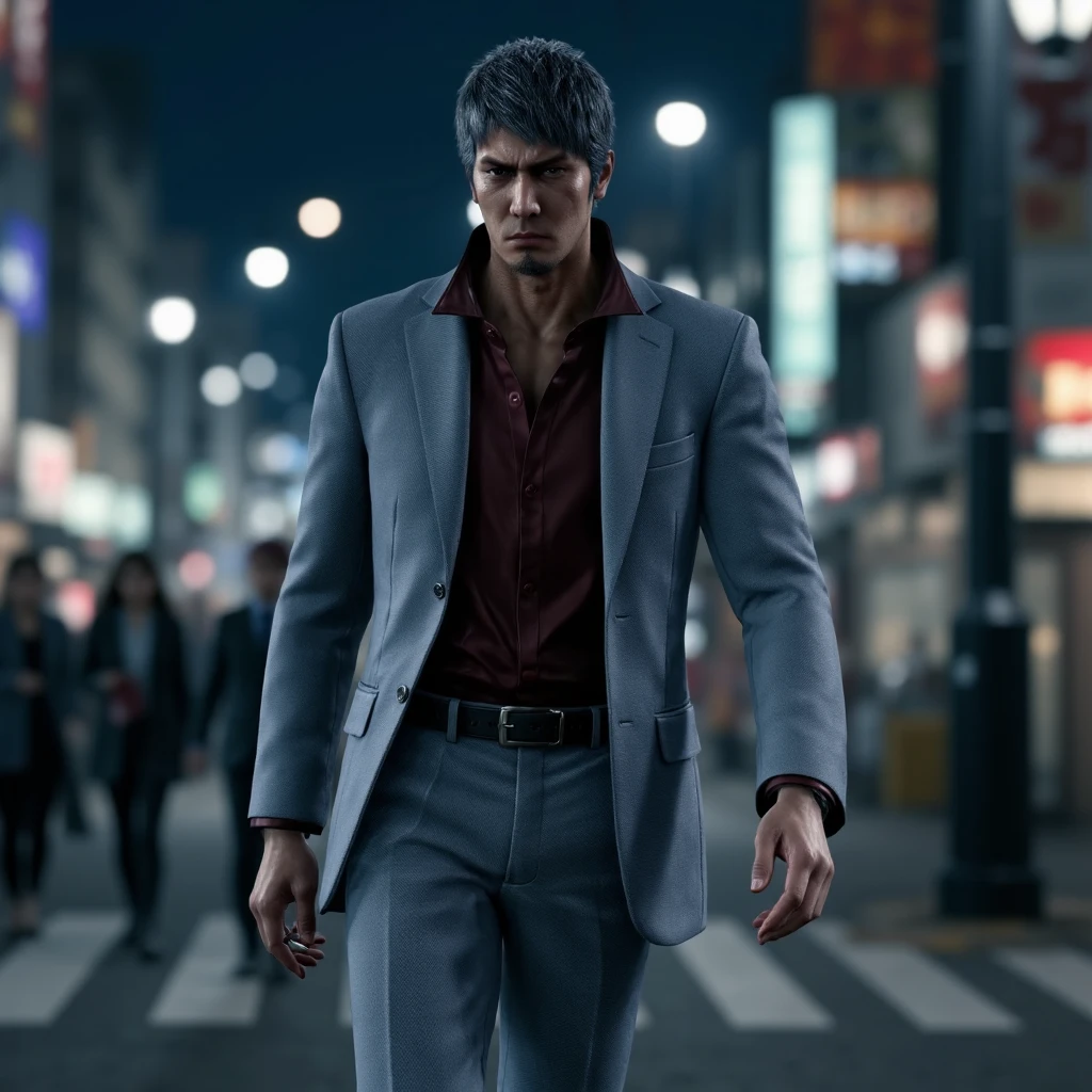 Kiryu Kazuma appearing like a dragon、he is wearing a gray suit and red shirt、In the background is the downtown area of Hiroshima at night、full body、he is walking while smoking a cigarette with his hands in his pants pocket、Intimidating、 muscular、solo, Hi-Res, anatomically correct, Best Quality, high detail that opens the knees and legs, high definition model, Ultra High Definition, pint 35mm, 空気 Proximity Method, blurred background, Proximity Method, lens flare, cinematic light effects