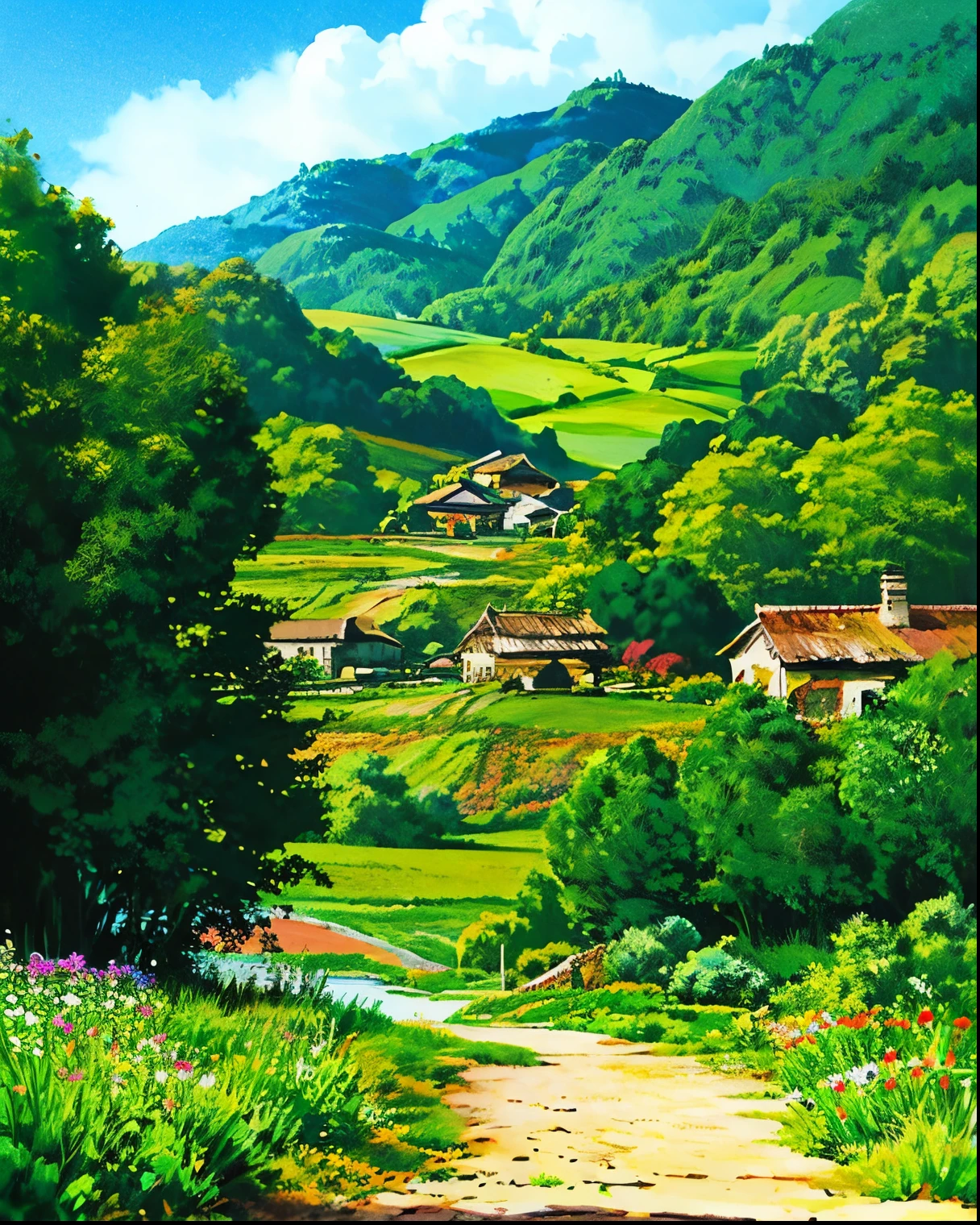 A beautiful rural landscape in the interior of Brazil. The scene features colonial-style houses with time-worn walls and tiles. Lush gardens with colorful flowers surround the homes, and there’s a dirt road winding through the countryside. Wooden fences line the path, and in the distance, green hills rise up. A waterfall cascades down the hillside, and fields of corn stretch out on the land. The sky is bright blue, dotted with cirrus clouds, and birds are flying across the sky. It is a sunny daytime scene