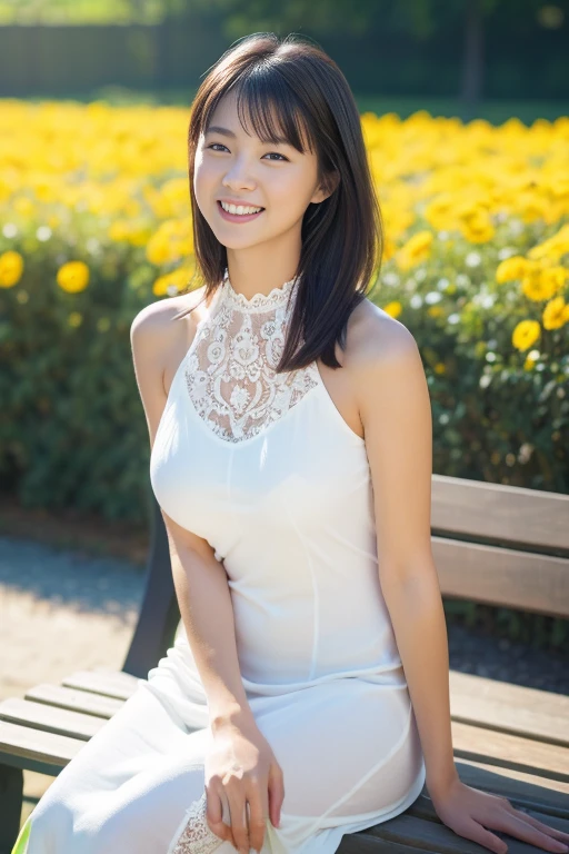 Highest image quality, outstanding details, ultra-high resolution, (realism: 1.4), ((close up:0.75)), highly condensed 1 Japanese lady, beautiful and a delicate face, smile, perfect proportion, (stand up straight, chubby:0.5, small breasts), (hairstyle  short ponytail ), (cloths color base ratio white:0.7 other-color:0.1), (wearing White sleeveless beautiful dress, holding a sunflower ), captain, background green  forest, (lightning cinematic lightning, Contour shines in backlight)  