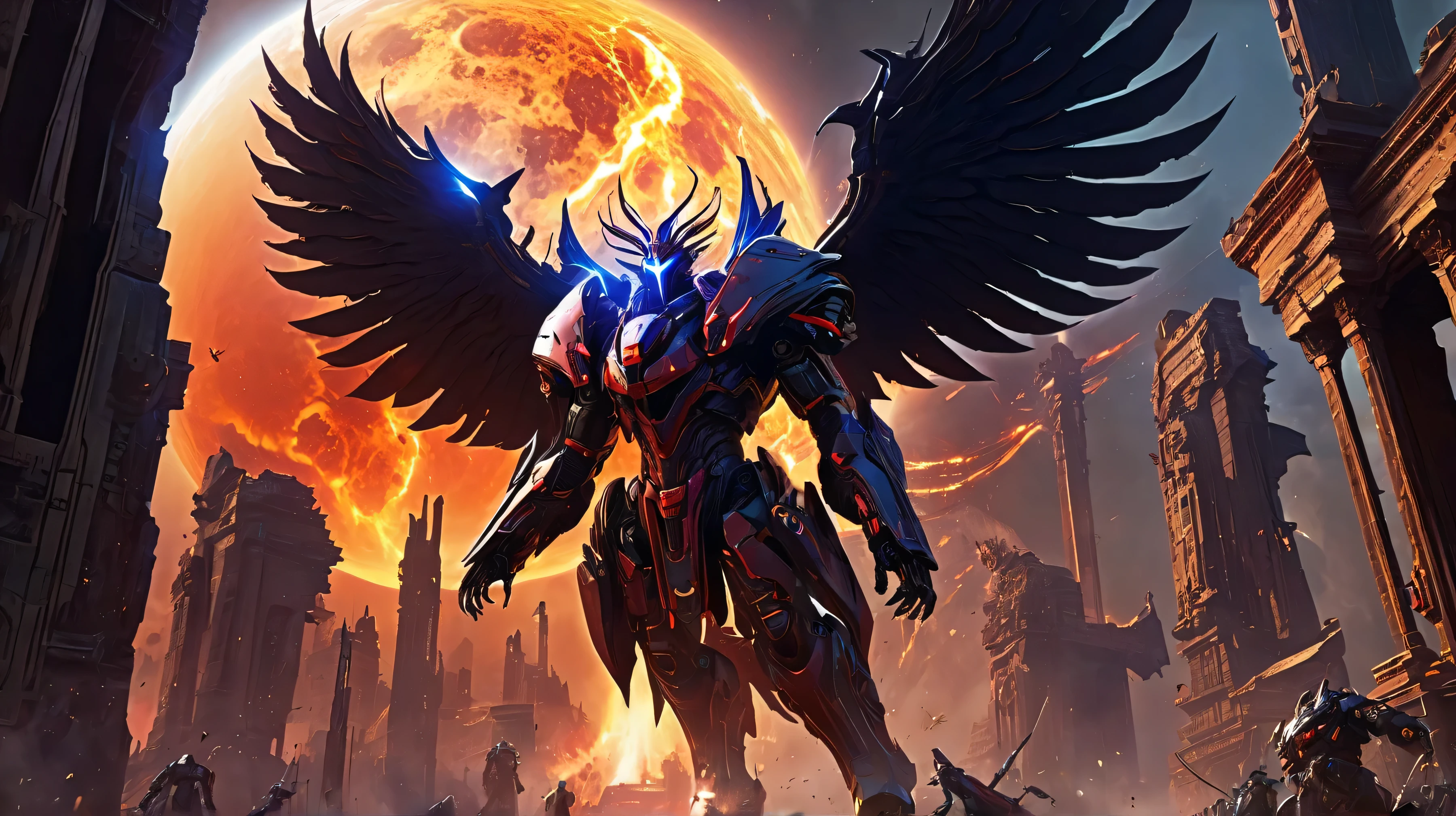 Eclipse Sovereign-a winged Xenoform with plasma tendrils-soars above Erebus Prime's ruins, red core exposed. Kael slams it with Gauntlet, Nyx stabs with a blade, Mira fires Driller Titan's cannons, final explosion levels the city, cyberpunk sci-fi aesthetic, epic scale, fiery chaos, heroic resolve.