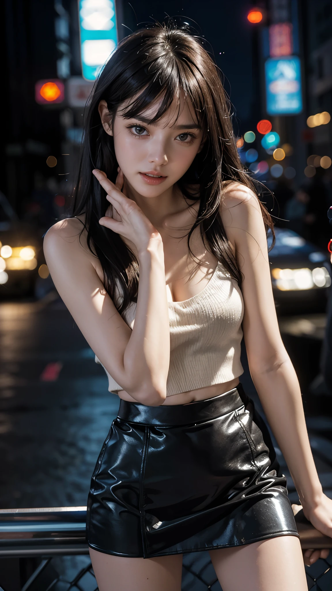 A girl, long hair, half picture, city, future, science fiction, black silk, shorts, night scene, midnight, blue light, neon, night, face close-up, delicate features, beautiful girl, beauty, charming,fashi-girl,red lips,realistic,makeup,
