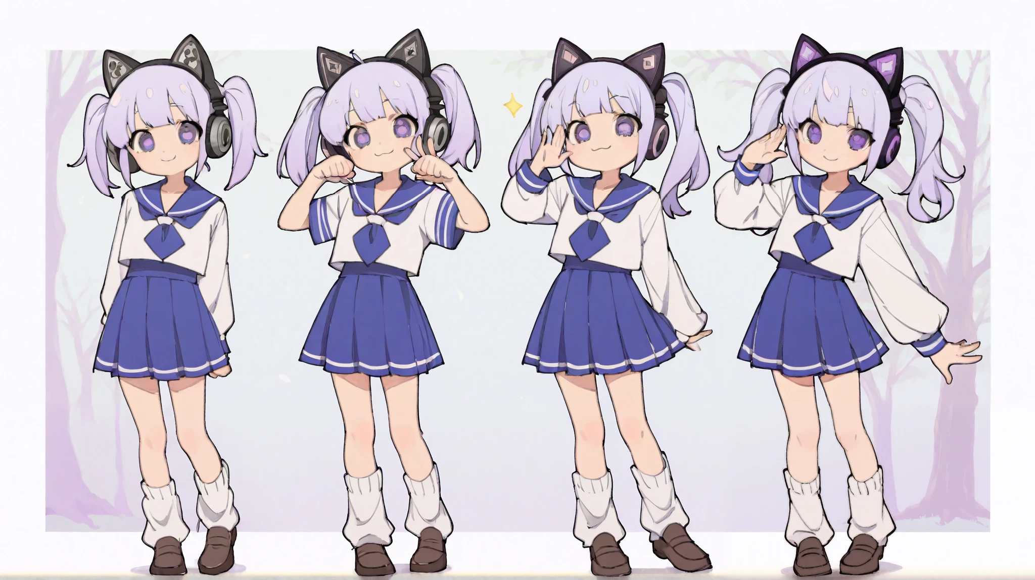 1 girl、 full body standing picture 、 light purple hair、twin tails、The bangs are princess cut、The eyes are purple and have tree-like eyes、sailor suit designed based on white and purple、white loose socks、loafers、cat ear headphones、smile、 variations、cute pose、Cunning