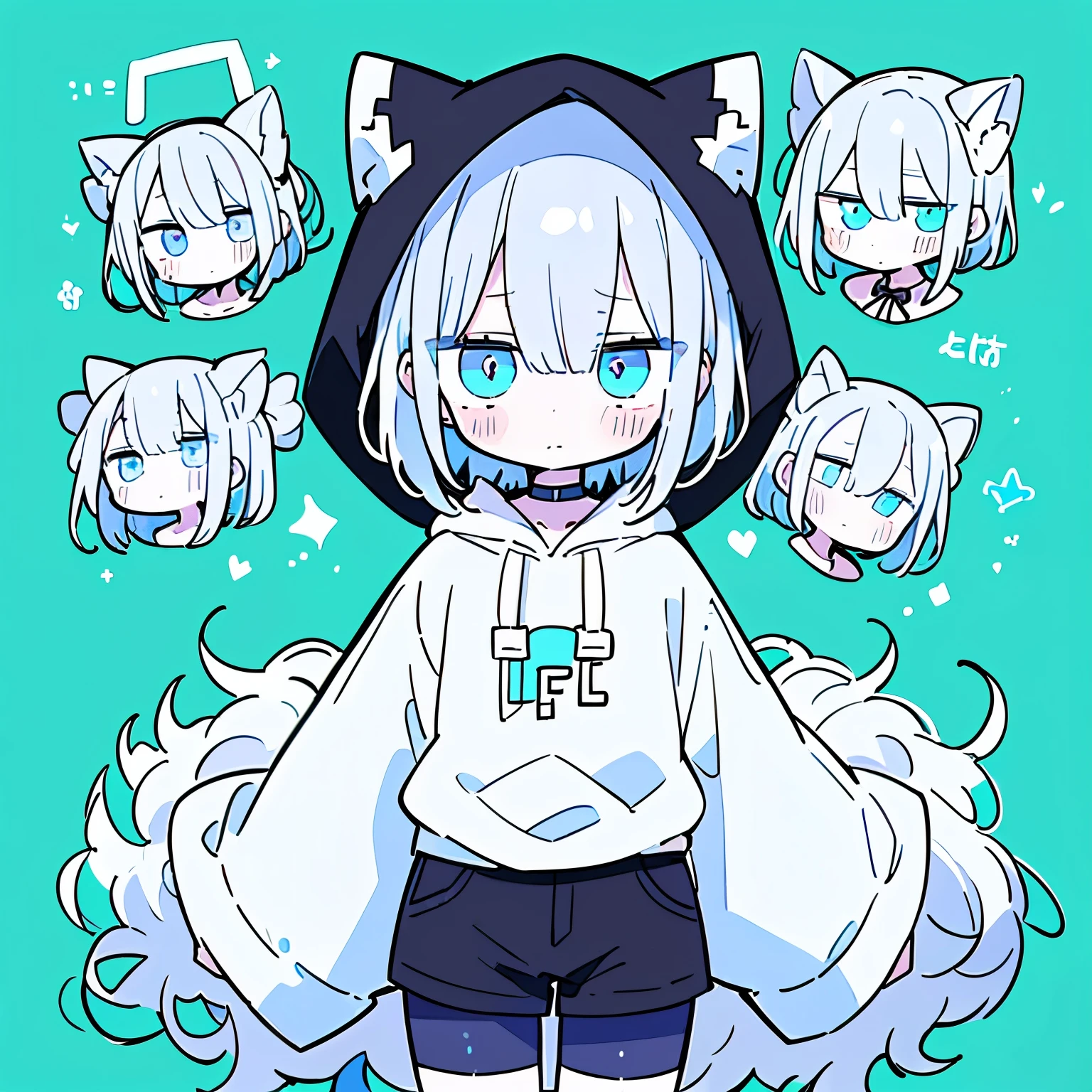 (  Masterpiece  ,  top quality:1.6), Alone, Thick outline, ( simple background ,  geometric pattern background ,  black and white, Light green:1.2),  Official Art,  KEY VISUAL , 8k,   disorganized  , whole body, (Unique Hair,  hoodie too big ,  hot pants,  Hooded , Arched back, Short torso:1.2), belly button,  is pleasing to the eye with so many colors,Thighs,  cowboy shooting,  high definition ,  sharp concentration,  high definition ,  most detailed,  very detailed,  super detailed, finely,  Detailed Eyes and Faces ,  sharp pupils, Realistic student, Alone, The contrast between sky blue and white , Alone,  pocket Her skin is pale and she doesn't smile.white hair and tail, blue eyes