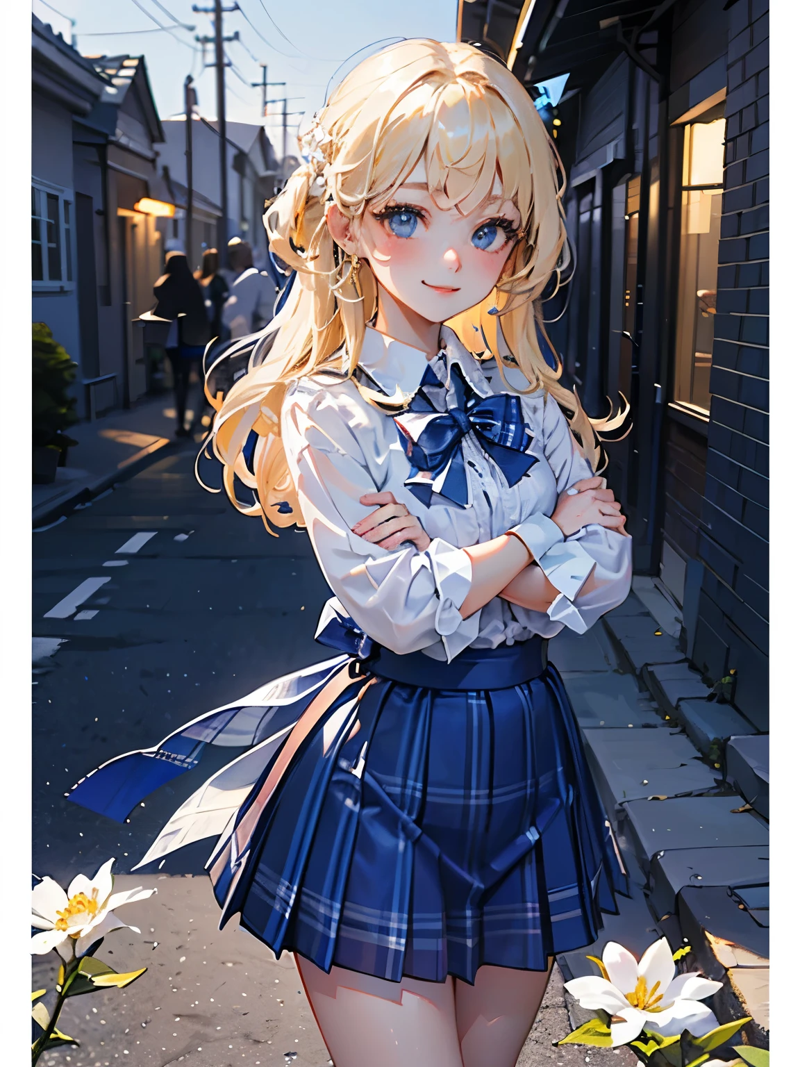 (masterpiece),(Best Quality:1.2),((perfect anatomy)),(( cross your arms a little)),(1 girl),(flat chest),Best Quality,(royal blue white plaid mini skirt:1.3),( sheer white blouse),(Blonde with Side Tail ),beautiful smile, The Walking Path Is Filled with White Flowers , DESPERATE Visual Impact , like hugging the sky, movie lights,description depth of border,school hallway,natural light