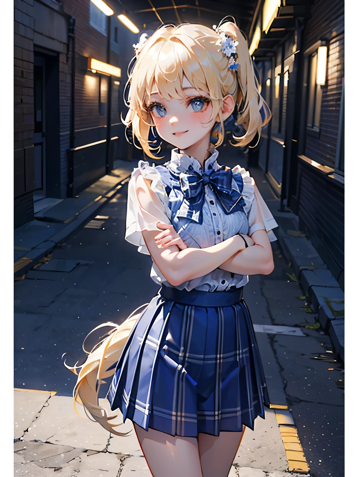 (masterpiece),(Best Quality:1.2),((perfect anatomy)),(( cross your arms a little)),(1 girl),(flat chest),Best Quality,(royal blue white plaid mini skirt:1.3),( sheer white blouse),(Blonde with Side Tail ),beautiful smile, The Walking Path Is Filled with White Flowers , DESPERATE Visual Impact , like hugging the sky, movie lights,description depth of border,school hallway,natural light