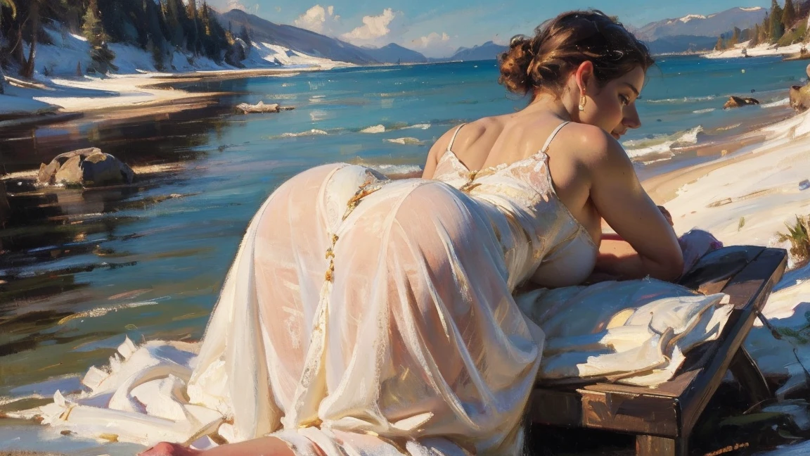 (AOC:1.1), bragas, from behind, encorvado, Caderas anchas, muslos gruesos, vagina visible, light cotton long slightly see-thru dress with buttons at the back that can be undone, some buttons undone, Oil painting, by sargent, open_mouth, gigantic tits