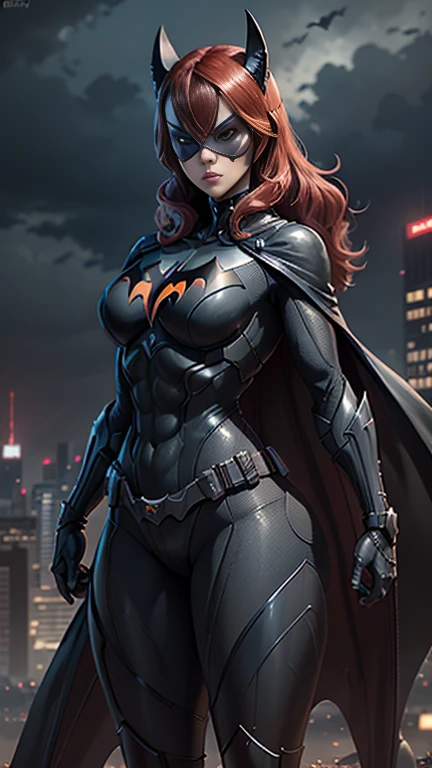 (( Batgirl holding a Batarang)), wearing cyberpunk Batgirl armor with cape, (dynamic pose), red hair, athletic build, tight costume, very beautiful, ((sexy, large fake breast, nippin, camel toe)), (highly detailed skin: 1.2), serious face, beautiful face, highly detailed skin, skin pores, (highly detailed face:1.1), (highly detailed eyes:1.1), realistic pupils, full face blush, full lips, (perfect anatomy:1.1), (perfect proportions:1.1), (photography:1.1), (photorealistic:1.1), volumetric lighting, dynamic lighting, real shadows, (highres:1.1), sharp focus, (realistic, hyperrealistic:1.4), intricate, high detail, dramatic, subsurface scattering, vivid, polished, sharpened, 35mm, 8k, (((Night photography, Gotham city background)