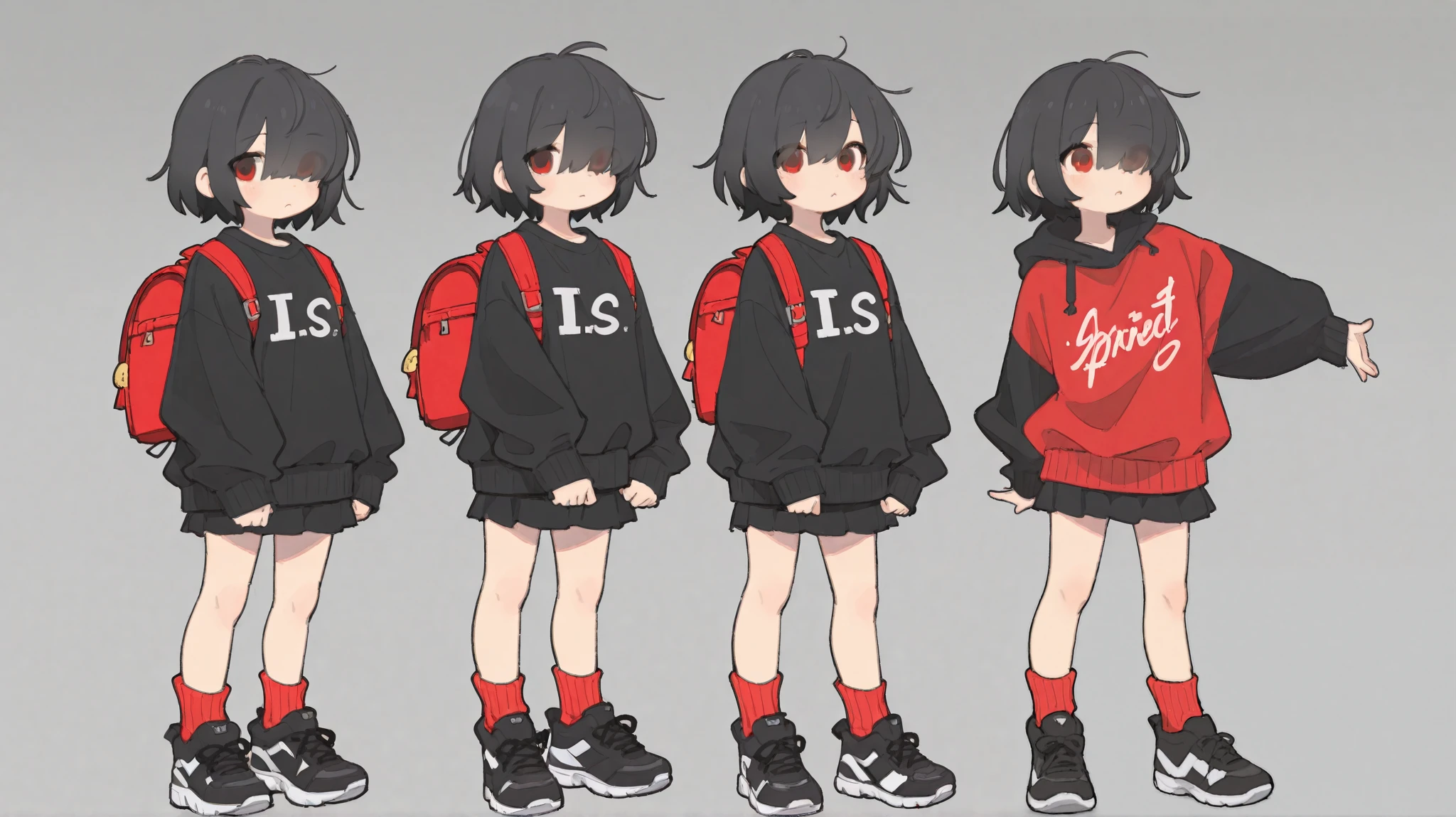 1 girl、 full body standing picture 、black short hair、shortcuts、hair over right eye、Eyes are red and perfect、black puffy sweatshirt、black miniskirt、 red socks、 black sneakers、red backpack、 variations、cute、 is quiet