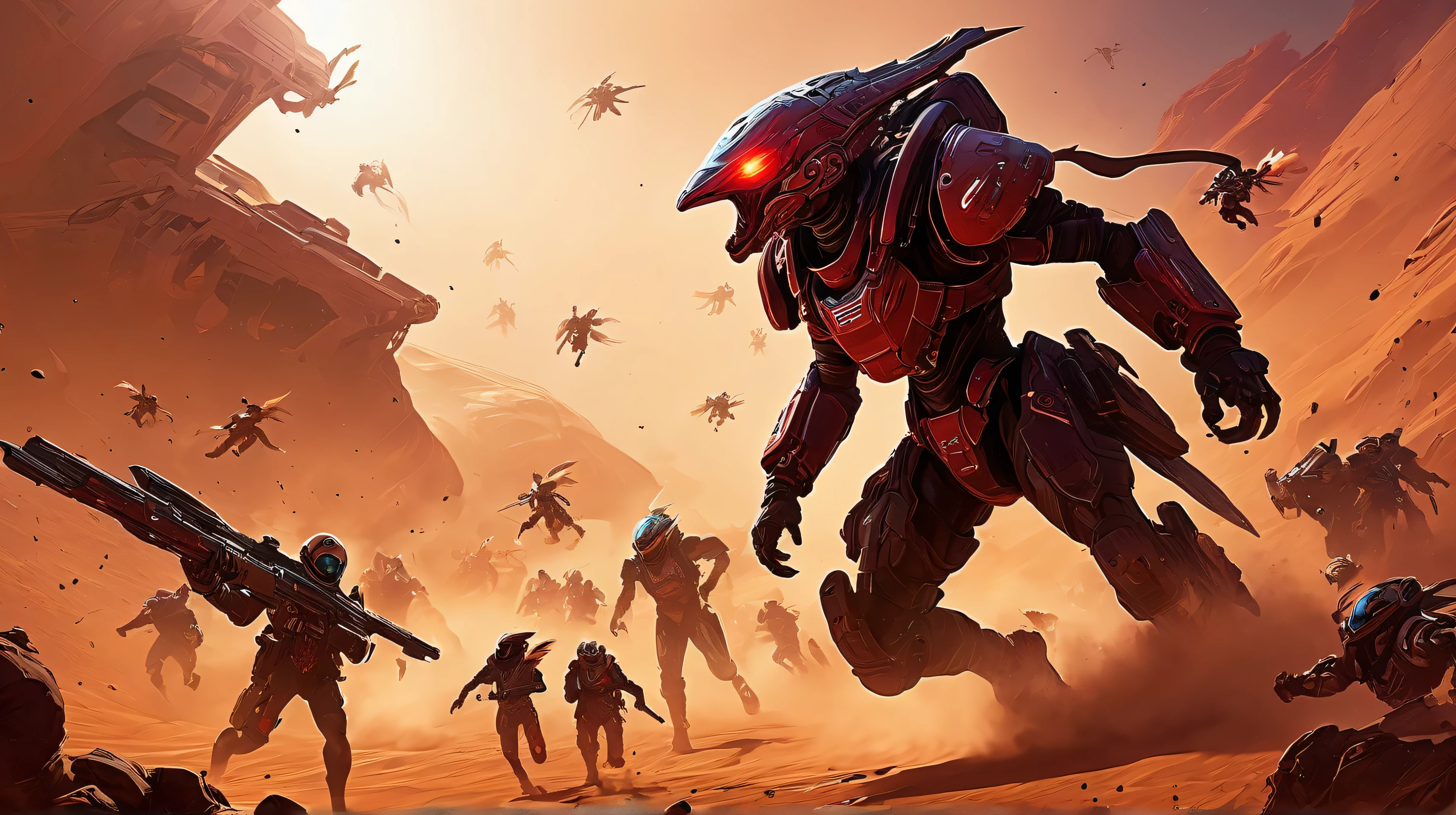 Dust Runner races through a Martian dust storm, Shadow Harriers-metal-winged raptors- attack, claws sparking. Kael teleports, Gauntlet smashing, Mira fires plasma, Nightmare's Edge descends, Nyx with Void Rifle, cyberpunk sci-fi style, chaotic red haze, explosive combat.