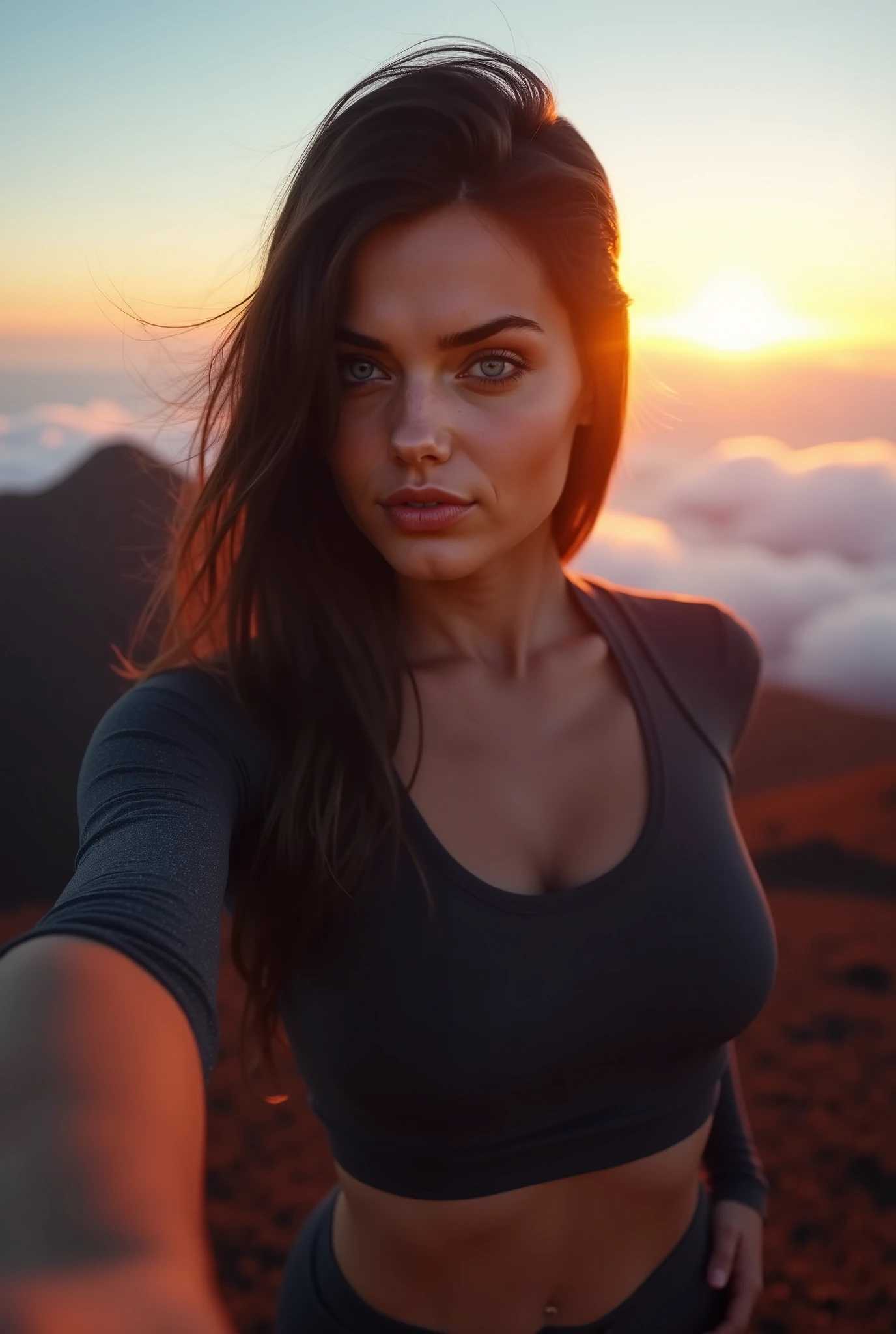 Masterpiece, ultra-detailed, photorealistic, cinematic lighting, 8K resolution. A breathtaking woman with piercing blue eyes, long flowing dark hair, luminous fair skin, and incredibly large, full breasts stands at the summit of Mount Teide, capturing a stunning selfie with a panoramic volcanic landscape behind her. The golden sunrise casts a soft, warm glow on her flawless skin, illuminating her sharp, defined features and plump lips.
She wears a form-fitting, stylish athletic outfit—a tight long-sleeve crop top that perfectly accentuates her enormous, round breasts, and high-waisted leggings that cling to her curvy, hourglass figure, emphasizing her narrow waist and wide hips. Her hair flows freely in the wind, adding a sense of motion and wild beauty to the scene.
Her pose mimics an extended-arm selfie perspective, yet the phone is not visible, making it feel like an authentic, natural moment. Her gaze is confident yet relaxed, her full lips slightly parted, and her blue eyes glistening with the sunlight reflection, exuding an aura of both elegance and adventure.
The rugged volcanic terrain of Mount Teide stretches behind her, with layers of misty clouds floating below, creating an awe-inspiring high-altitude atmosphere. The sky above her blends from deep twilight blues to the fiery oranges of sunrise, adding depth and vibrance to the composition.
The image captures the perfect fusion of beauty, sensuality, and nature, balancing her divine, voluptuous physique with the vast, majestic landscape of Tenerife’s volcanic summit.