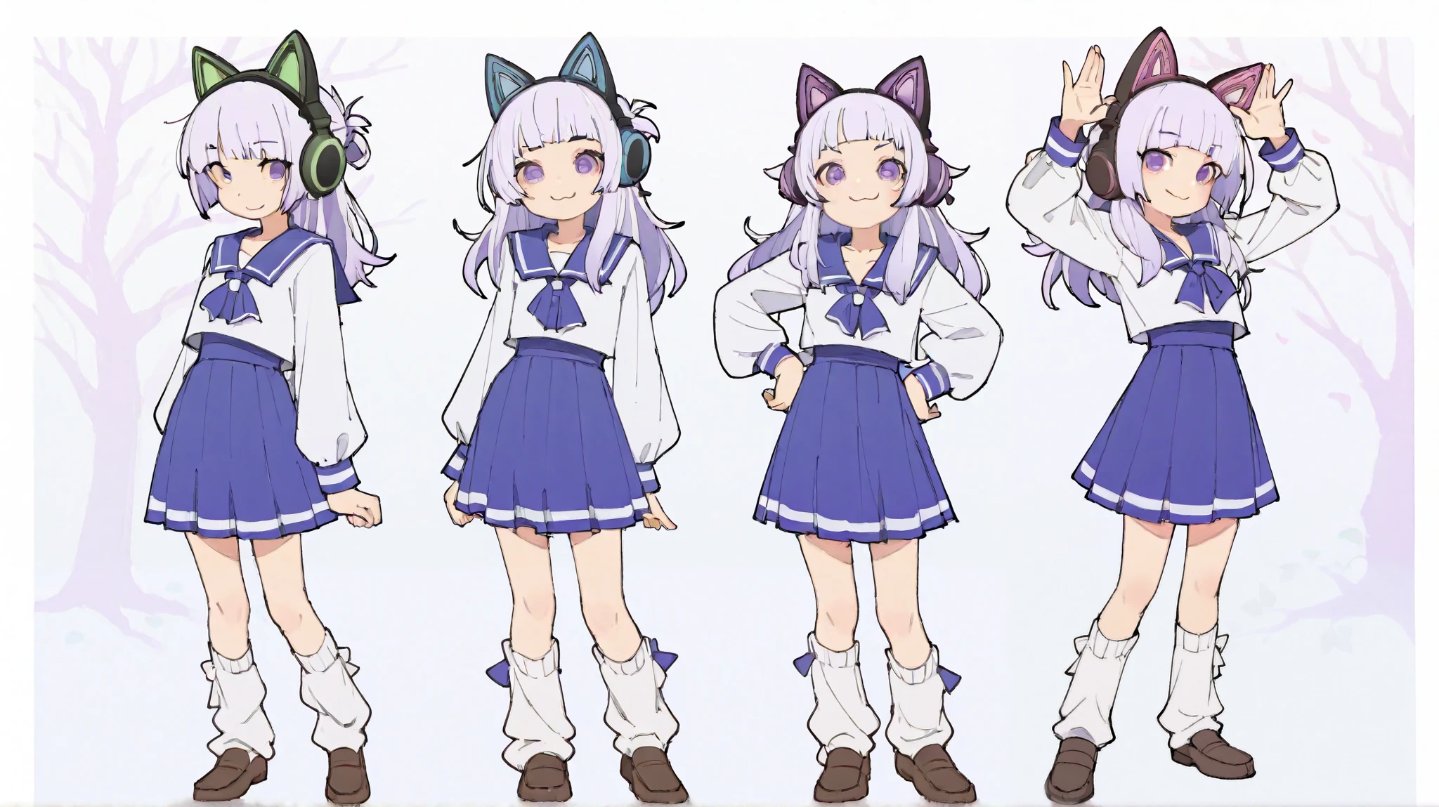 1 girl、 full body standing picture 、 light purple hair、long hair up to the waist、 Bangs Cut Princess Patten 、Eyes are purple and have cool tree eyes、long-sleeved sailor suit with a design based on white and purple、white loose socks、loafers、 cat ear headphones、smile、 variations、cute pose、Cunning