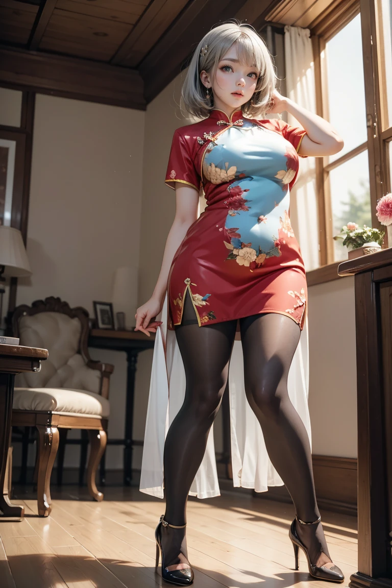 (masterpiece、highest quality)、(Photorealistic:1.4)、 Mature Woman, Beautiful thighs、Front view、1 girl、30 years old、Perfect Face、Symmetrical cute face、(Short Hair、Black Hair)、Big eyes、Long eyelashes、((expensive))、Beautiful Hair、Beautiful Face、Beautiful and beautiful eyes、Perfect Proportions、Beautiful breasts、Beautiful feet、Beautiful fingers、((High quality fabric、floral pattern cheongsam、Skirt flip))、(To the hospital)、Are standing、 (smile), (((Skirt lift with both hands、Panties and pantyhose are visible)))