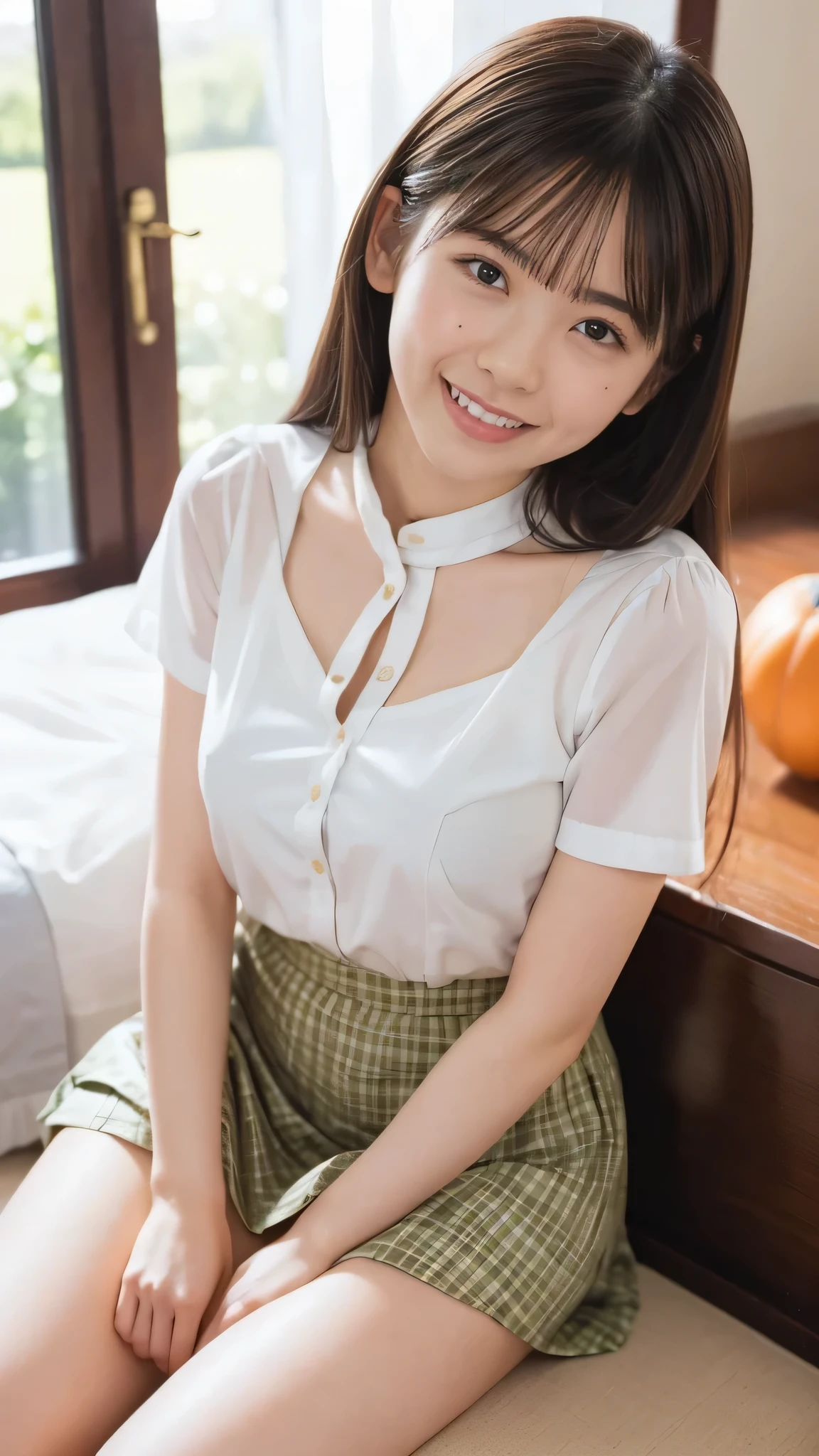 nsfw(((smile))),((( 1 girl))), beautiful, shape, extremely detailed skin of covered pubic hair, masterpiece, Top Quality, very detailed face, bright color, written border depth, movie light,, one girl , alone, brown eyes, brown hair, hair ornaments close to the garden , long hair, green check skirt,Short sleeve see-through shirt, masterpiece top quality high resolution、, long hair, sit with the knee bent 、Eight-headed body、 Beautiful feet 、I can see white cotton panties between my thighs、bedroom、 looking up from below、 is embarrassing , with fines be careful , camel toe