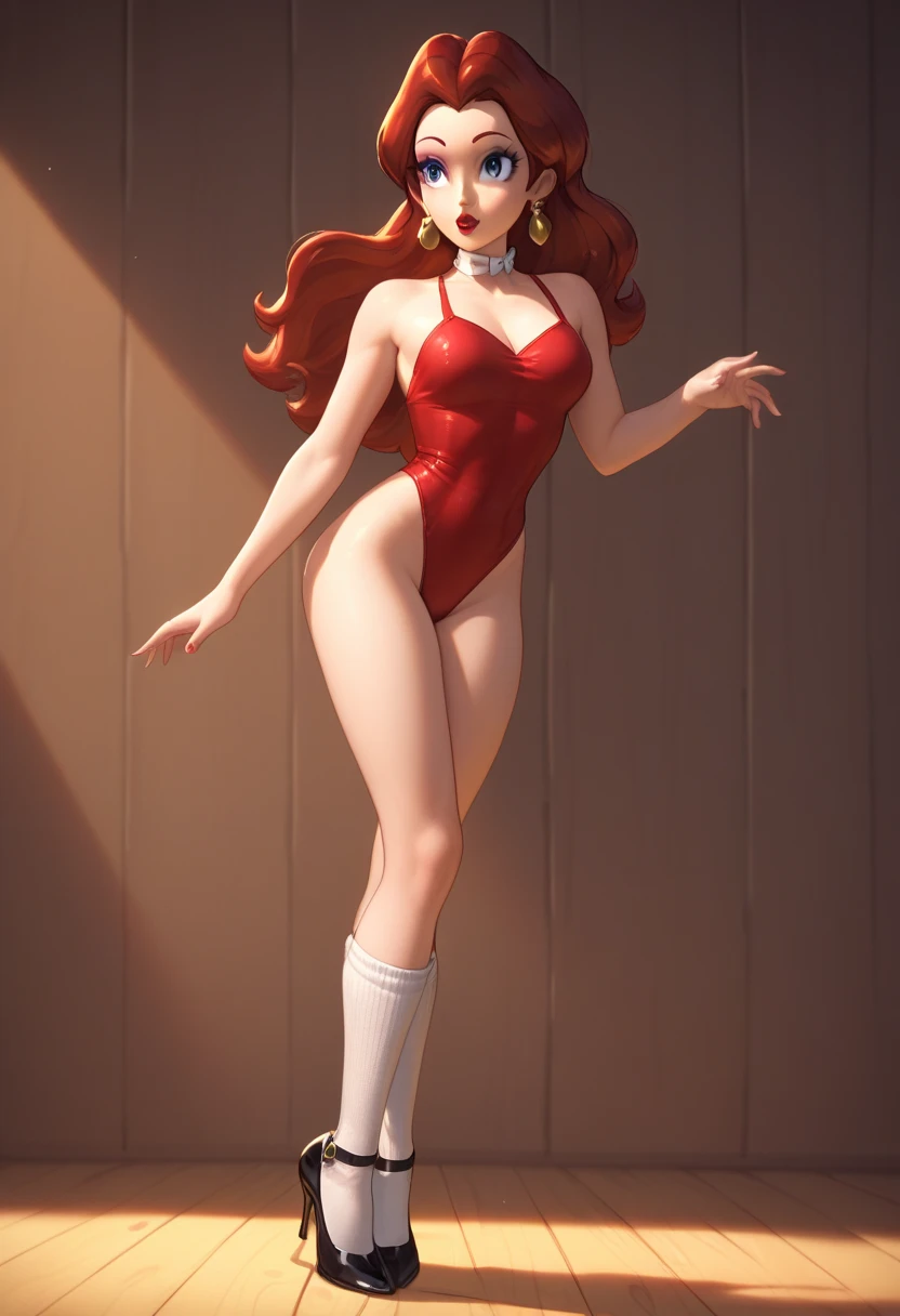 cartoon, ecchi, strong woman with reddish brown hair, blue eyes, ponytail, curtain bangs, arms up, armpit, detailed, high quality, 4k, hdr, proportional hands, makeup, dark eyelashes, red lipstick, on central park, detailed background