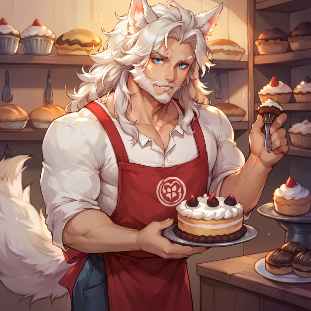 an athletic human (Human) male himbo who looks like jason momoa with medium length white straight hair, white fluffy wolf ears and a white fluffy wolf tail, has glowing blue eyes, is happy, lithe, skinny, prominent muscular tone, sweaty, full beard, veiny, masculine, is male, human, dressed in a bakery apron, eating cake, in a bakery