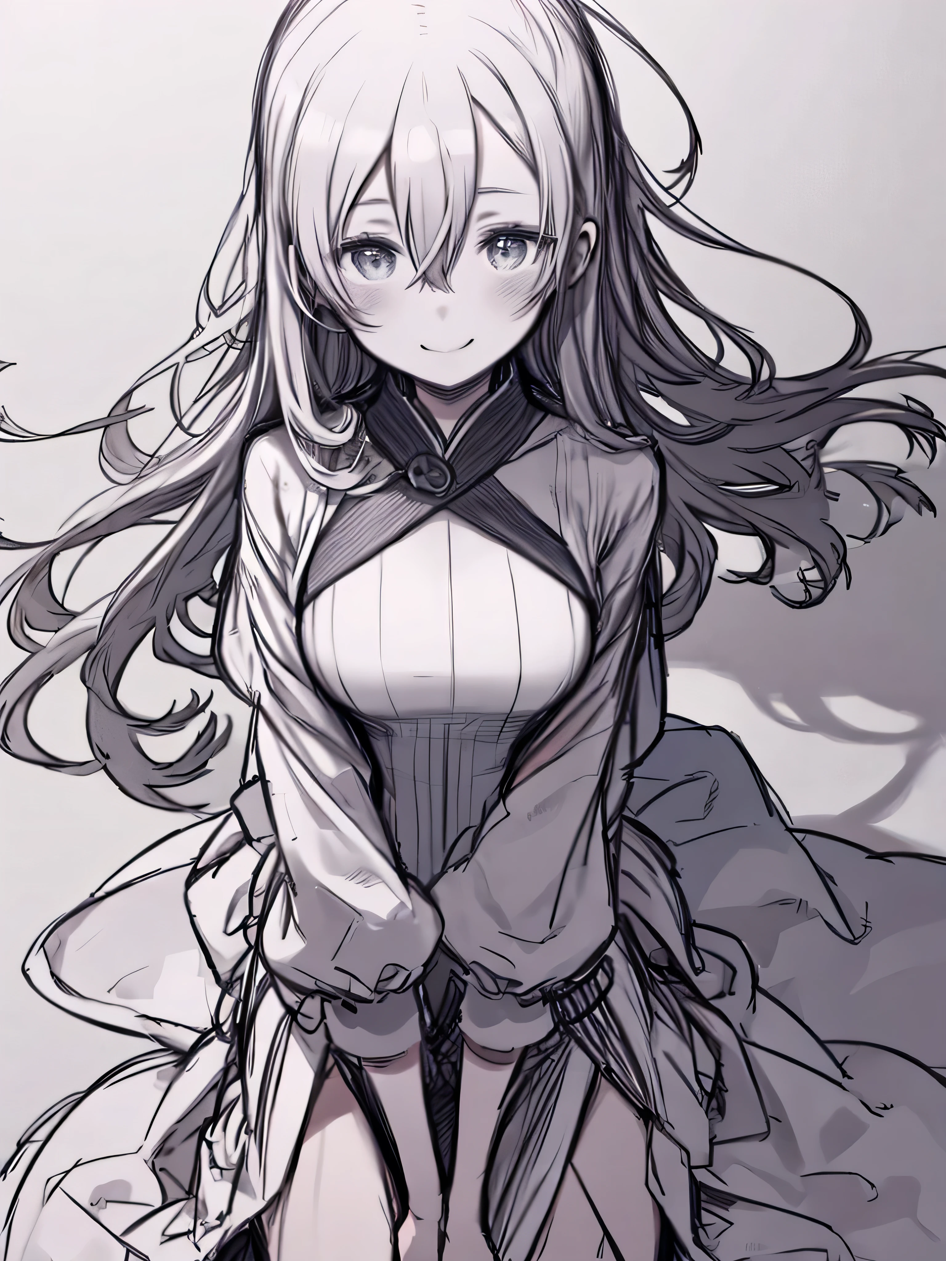 black and white、 Line Art、Sketch、one woman、Stand with your hands between your legs、smile、upper body、hair between eyes、long hair、