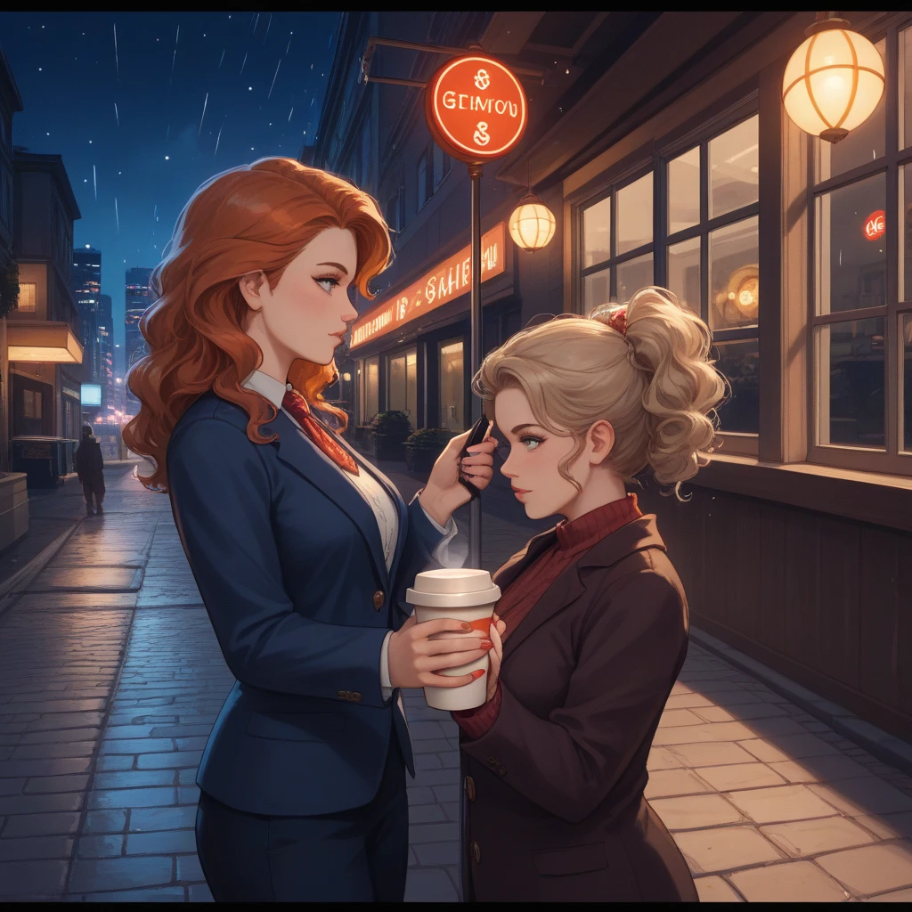 A beautiful girl with short red hair, she is in black sweatshirt and with a black jeans with a heart brooch, she is at a table with her daughter who is blonde and is wearing a long black dress, she is white and has blue eyes and her mother has blue eyes and they were in the Eiffel Tower restaurant having afternoon coffee and eating a snack, the daughter was Using your mobile phone
