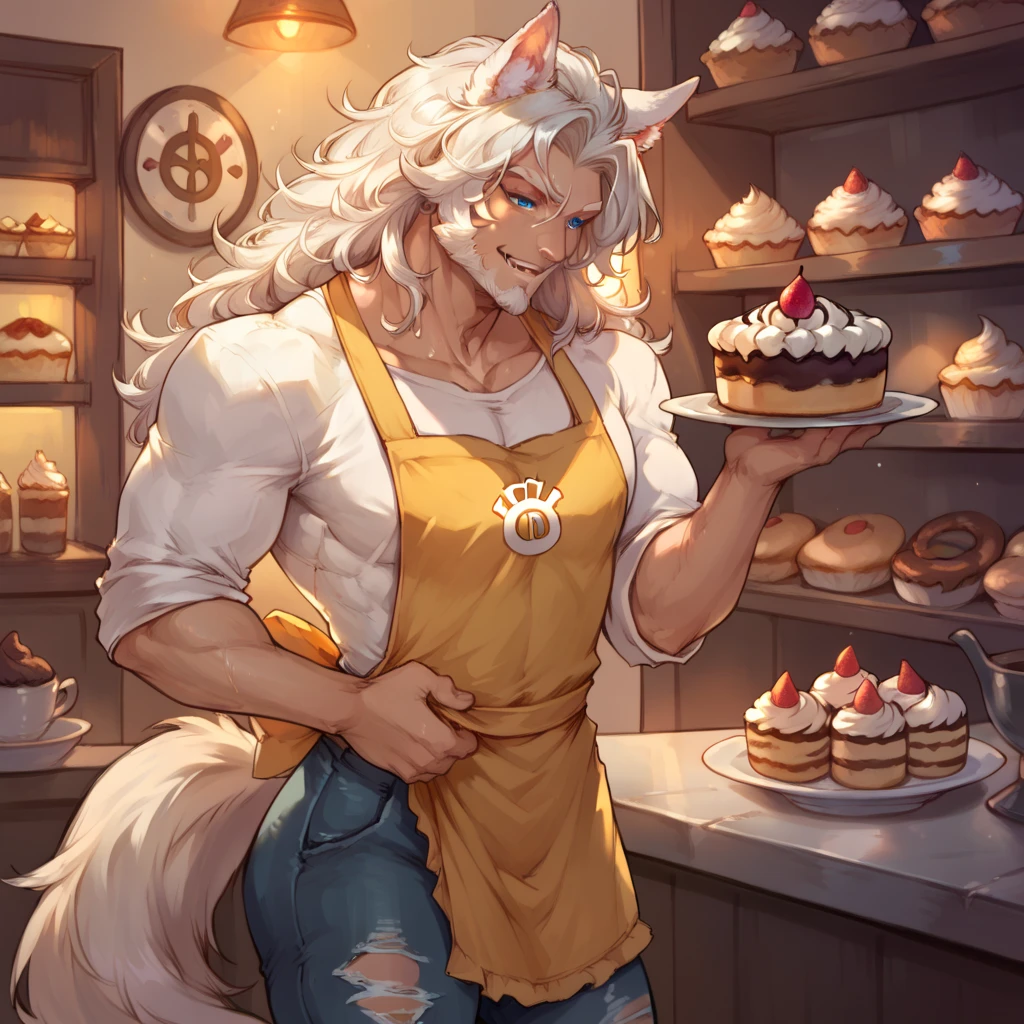 an athletic human (Human) male himbo who looks like jason momoa with medium length white straight hair, white fluffy wolf ears and a white fluffy wolf tail, has glowing blue eyes, is happy, lithe, skinny, prominent muscular tone, sweaty, full beard, veiny, masculine, is male, human, dressed in a bakery apron, wearing torn jeans, eating cake, in a bakery