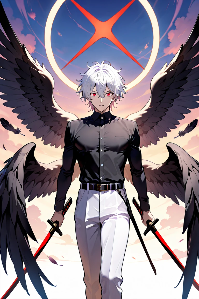 A white-haired demon with dark gray wings flying in a red sky, corvos negros voando ao redor, sentado em um pilar branco, com um olhar inocente. Personagem masculino de anime.