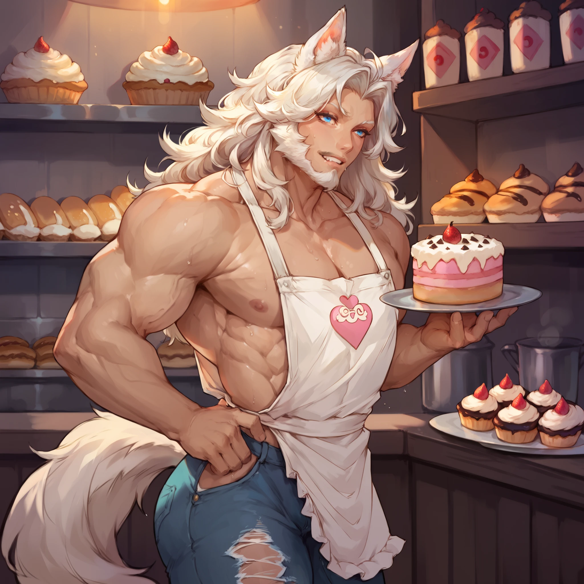 an athletic human (Human) male himbo who looks like jason momoa with medium length white straight hair, white fluffy wolf ears and a white fluffy wolf tail, has glowing blue eyes, is happy, lithe, skinny, prominent muscular tone, sweaty, full beard, veiny, masculine, is male, human, dressed in a bakery apron, wearing torn jeans, eating cake, in a bakery