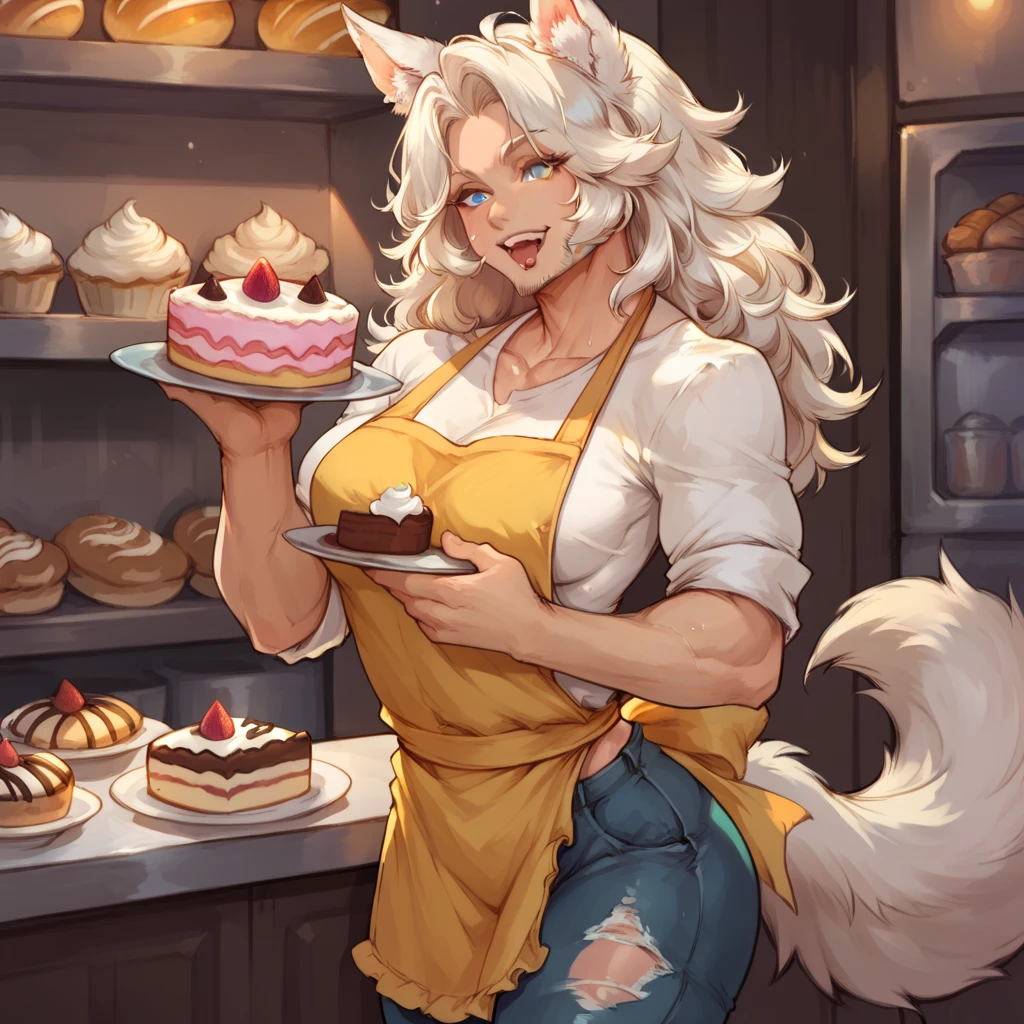 an athletic human (Human) male himbo who looks like jason momoa with medium length white straight hair, white fluffy wolf ears and a white fluffy wolf tail, has glowing blue eyes, is happy, lithe, skinny, prominent muscular tone, sweaty, full beard, veiny, masculine, is male, human, dressed in a bakery apron, wearing torn jeans, eating cake, in a bakery, covered in flour
