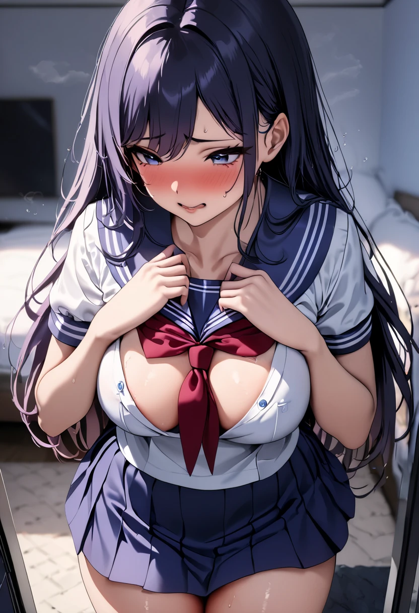 1girl, (neat sailor suit:1.2), navy blue skirt, bedroom, (gigantic breasts:1.1)